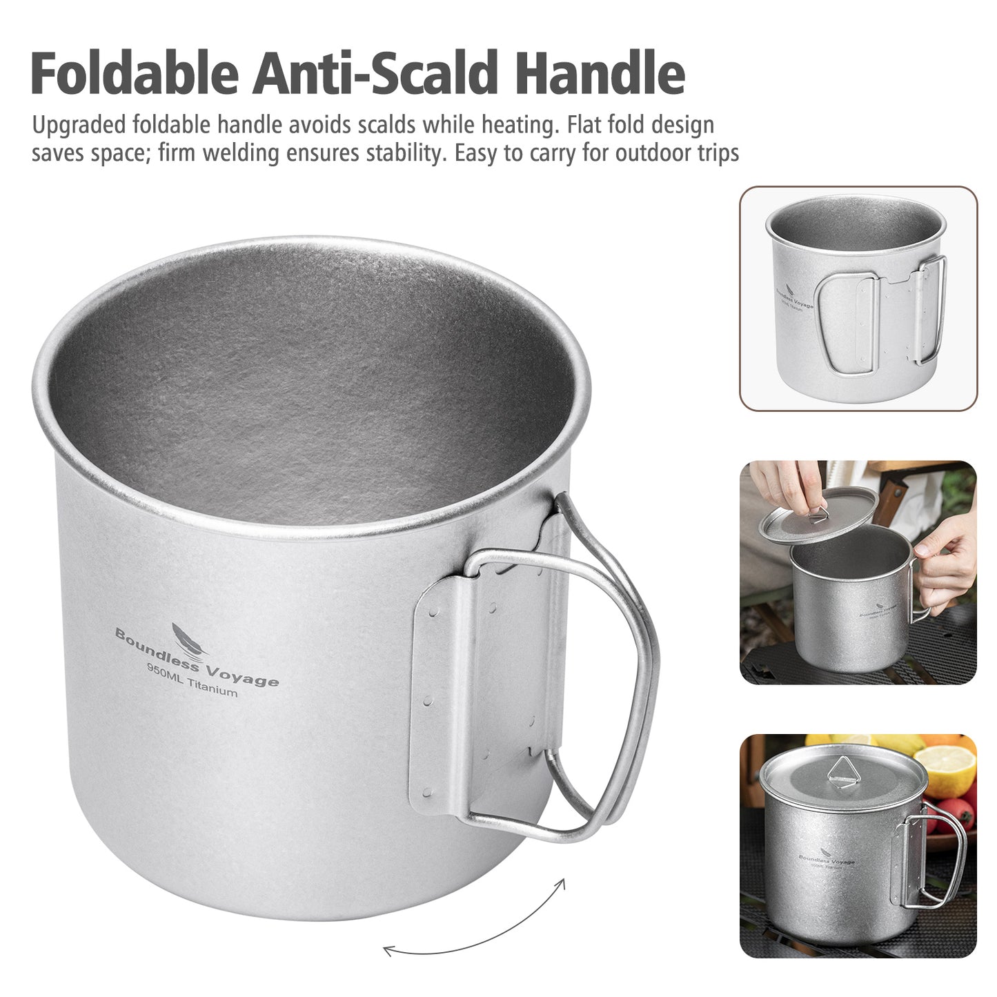 Boundless Voyage 950ml Titanium Camping Mug with Lid – Ultralight Pot Cup with Folding Handles for Backpacking & Outdoor Cooking