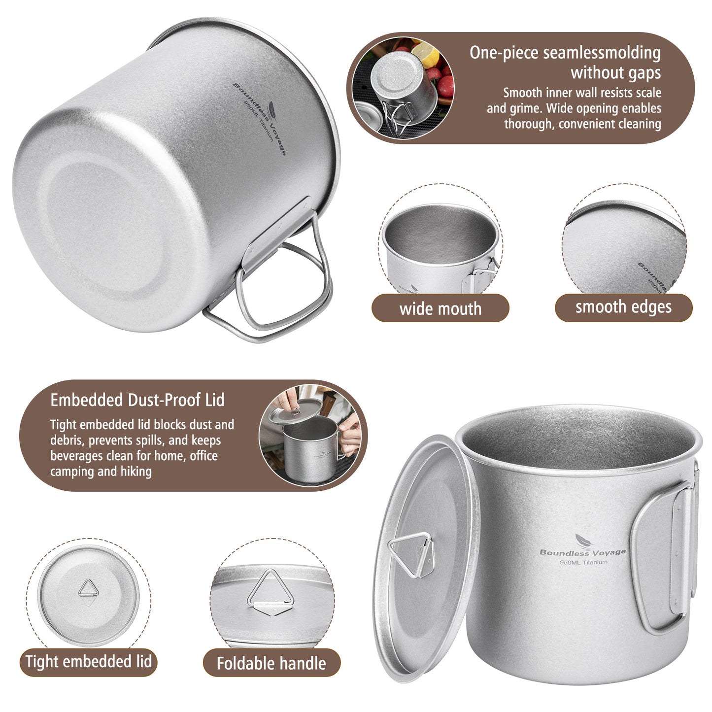 Boundless Voyage 950ml Titanium Camping Mug with Lid – Ultralight Pot Cup with Folding Handles for Backpacking & Outdoor Cooking