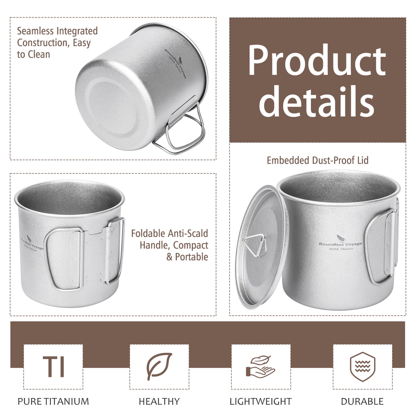 Boundless Voyage 950ml Titanium Camping Mug with Lid – Ultralight Pot Cup with Folding Handles for Backpacking & Outdoor Cooking
