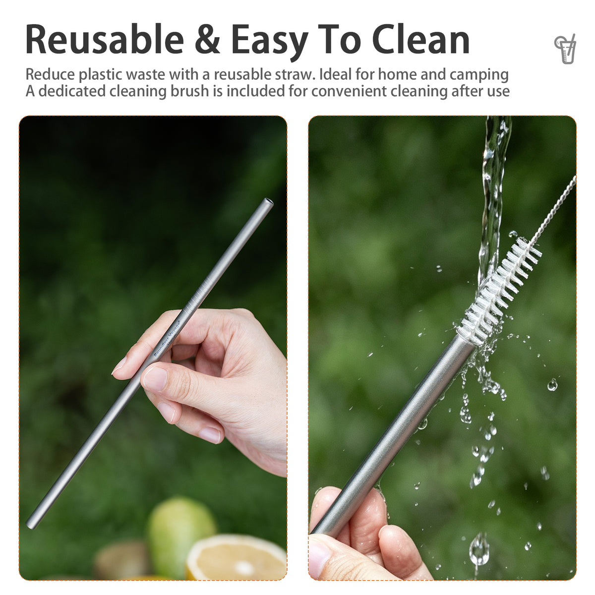 Boundless Voyage Titanium Straw 215mm – TA1 Pure Titanium Reusable Straight Straw with Cleaning Brush & Carry Bag