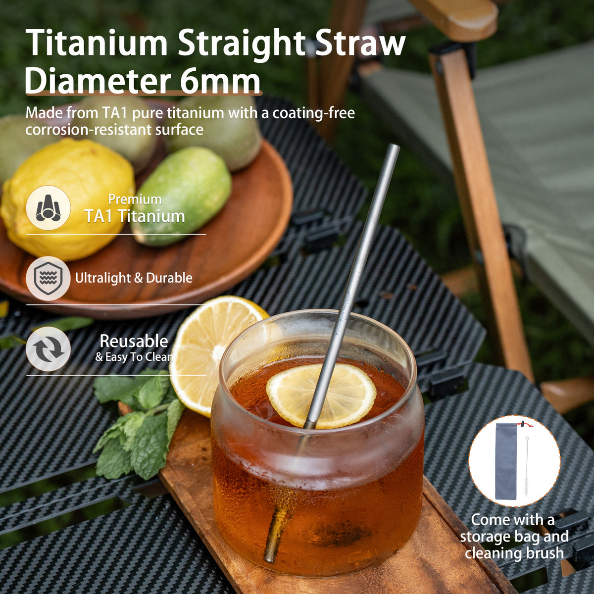 Boundless Voyage Titanium Straw 215mm – TA1 Pure Titanium Reusable Straight Straw with Cleaning Brush & Carry Bag