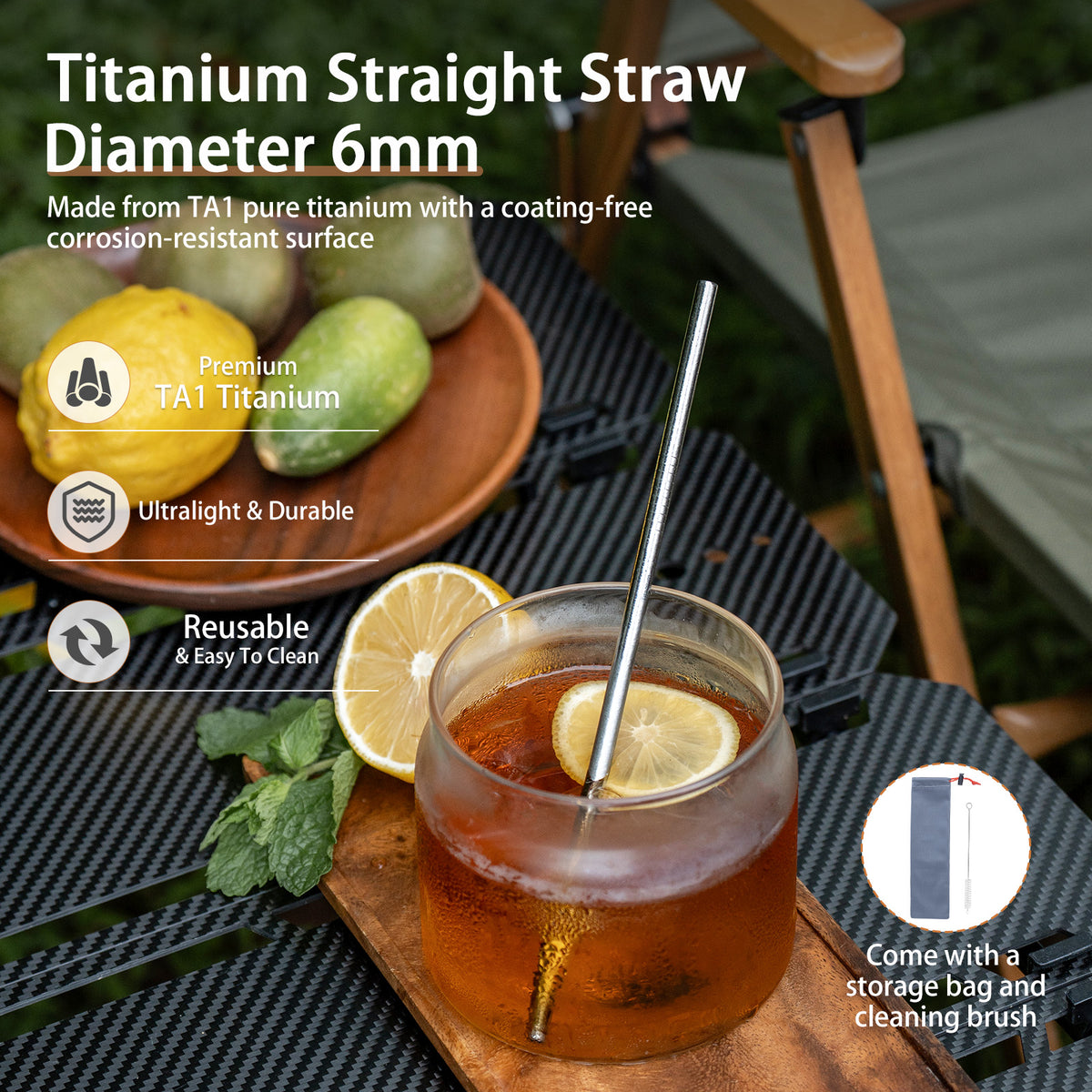 Boundless Voyage Titanium Straw 215mm – TA1 Pure Titanium Reusable Straight Straw with Cleaning Brush & Carry Bag