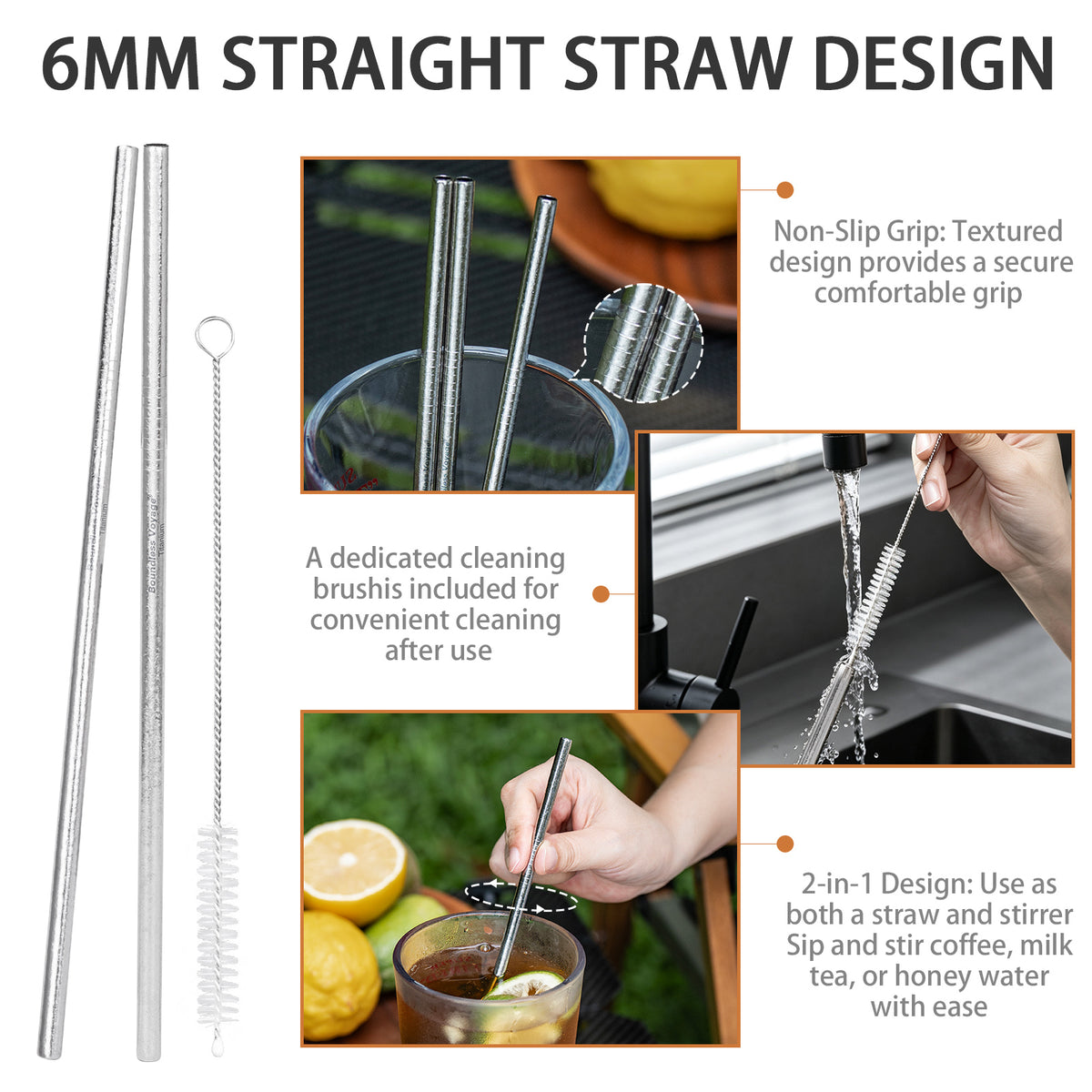 Boundless Voyage Titanium Straw 215mm – TA1 Pure Titanium Reusable Straight Straw with Cleaning Brush & Carry Bag