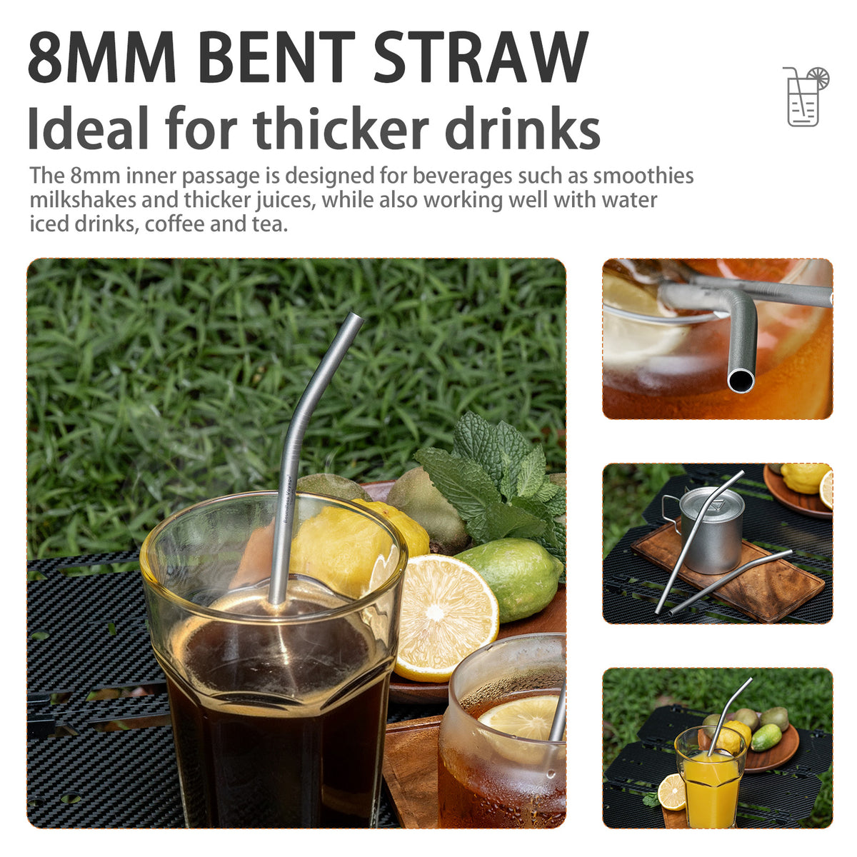 Boundless Voyage 213mm Titanium Bent Straw – TA1 Pure Titanium Reusable Drinking Straw with Cleaning Brush & Carry Bag