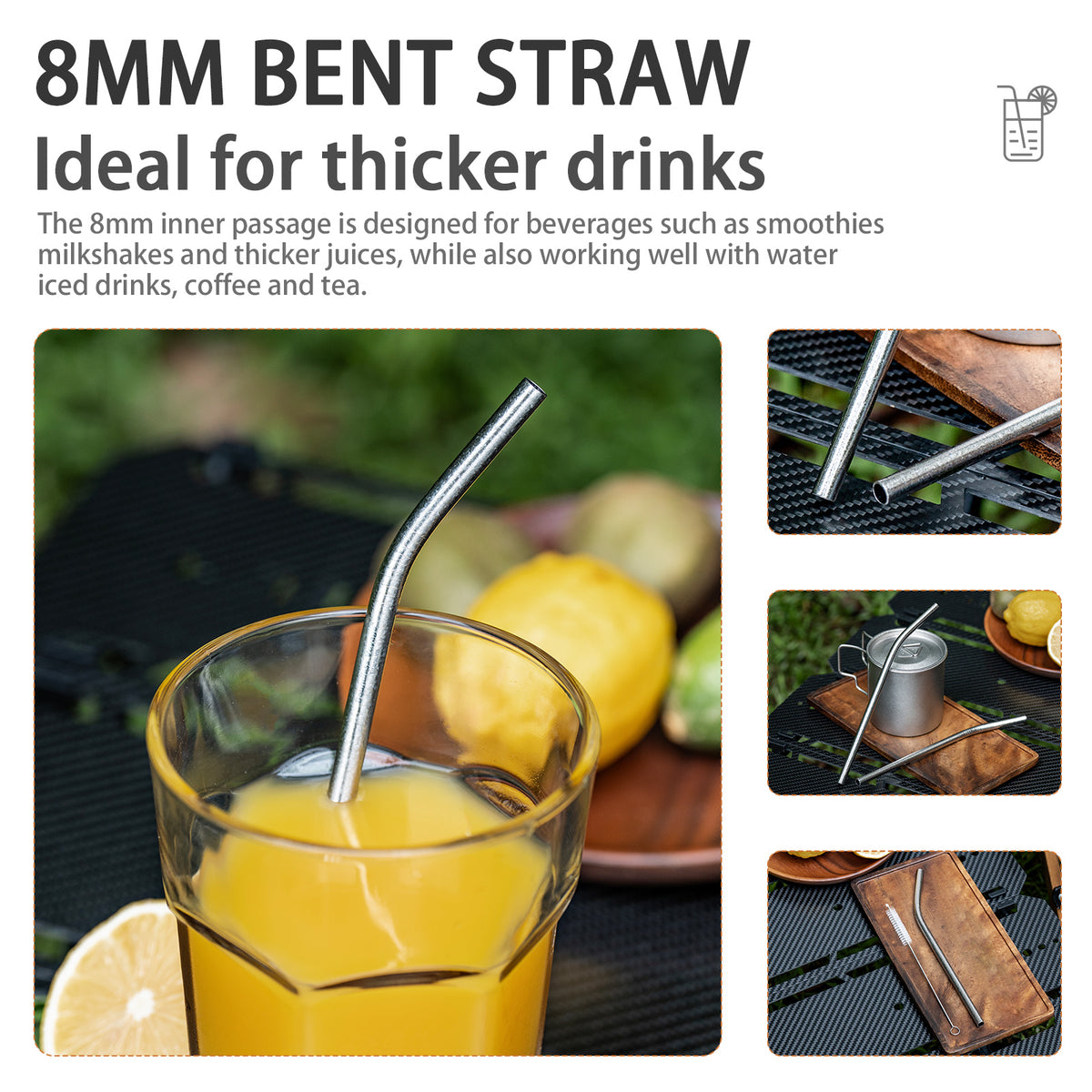 Boundless Voyage 213mm Titanium Bent Straw – TA1 Pure Titanium Reusable Drinking Straw with Cleaning Brush & Carry Bag