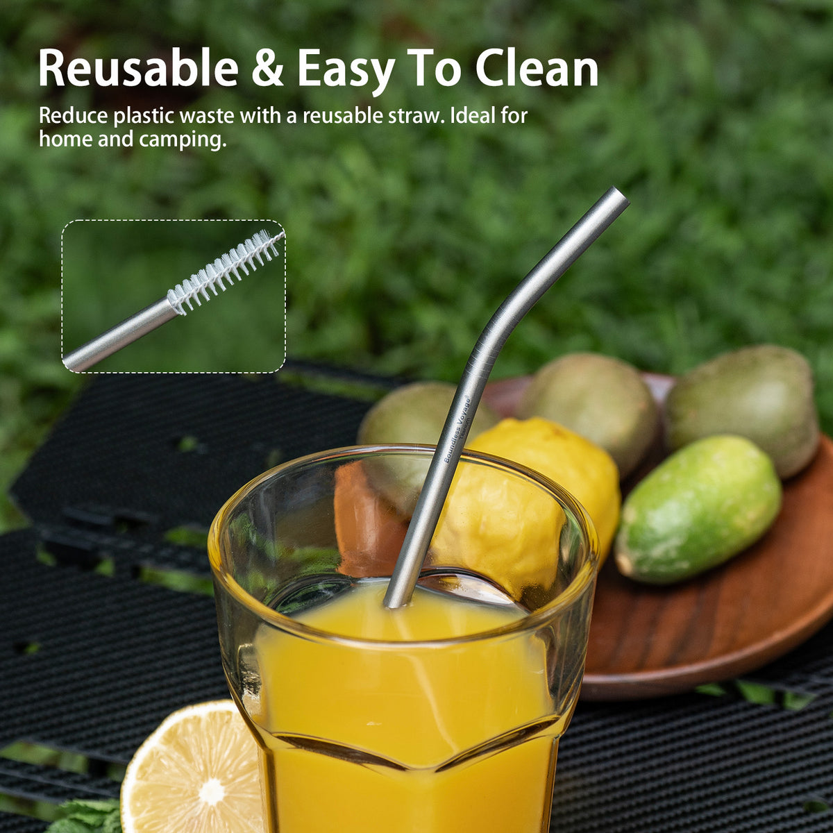 Boundless Voyage 213mm Titanium Bent Straw – TA1 Pure Titanium Reusable Drinking Straw with Cleaning Brush & Carry Bag