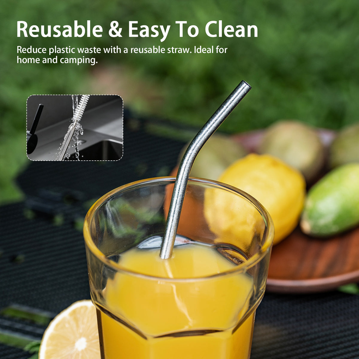 Boundless Voyage 213mm Titanium Bent Straw – TA1 Pure Titanium Reusable Drinking Straw with Cleaning Brush & Carry Bag