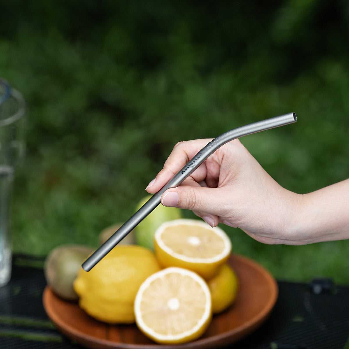 Boundless Voyage 213mm Titanium Bent Straw – TA1 Pure Titanium Reusable Drinking Straw with Cleaning Brush & Carry Bag