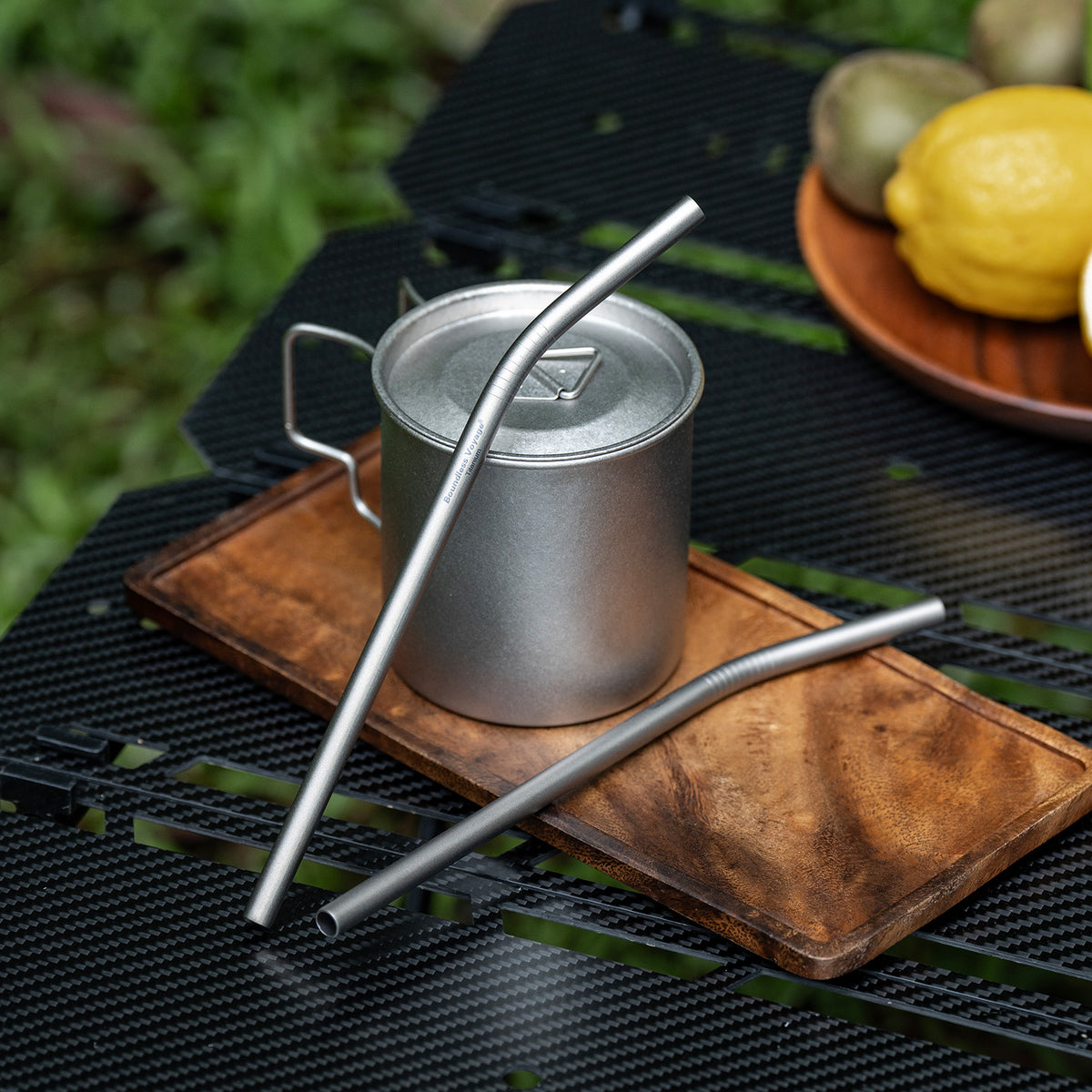 Boundless Voyage 213mm Titanium Bent Straw – TA1 Pure Titanium Reusable Drinking Straw with Cleaning Brush & Carry Bag