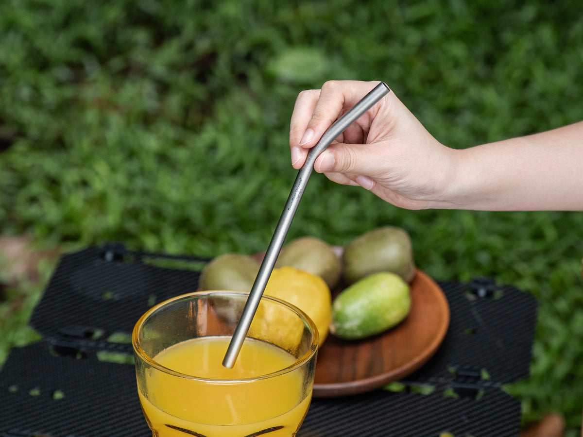 Boundless Voyage 213mm Titanium Bent Straw – TA1 Pure Titanium Reusable Drinking Straw with Cleaning Brush & Carry Bag