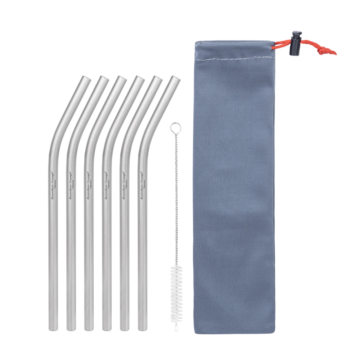 Boundless Voyage 213mm Titanium Bent Straw – TA1 Pure Titanium Reusable Drinking Straw with Cleaning Brush & Carry Bag