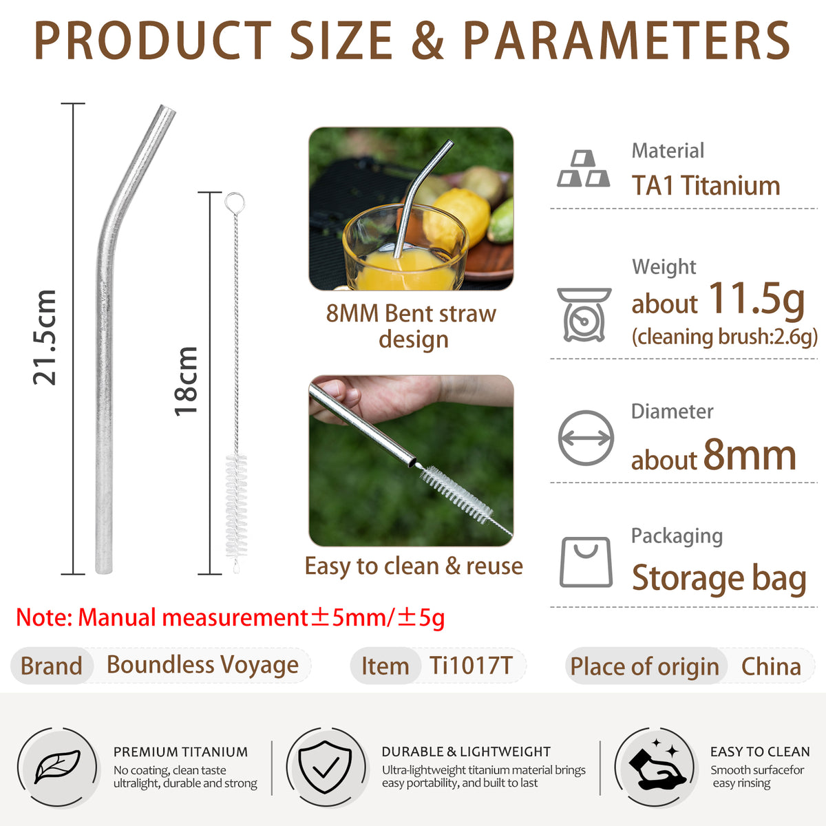 Boundless Voyage 213mm Titanium Bent Straw – TA1 Pure Titanium Reusable Drinking Straw with Cleaning Brush & Carry Bag