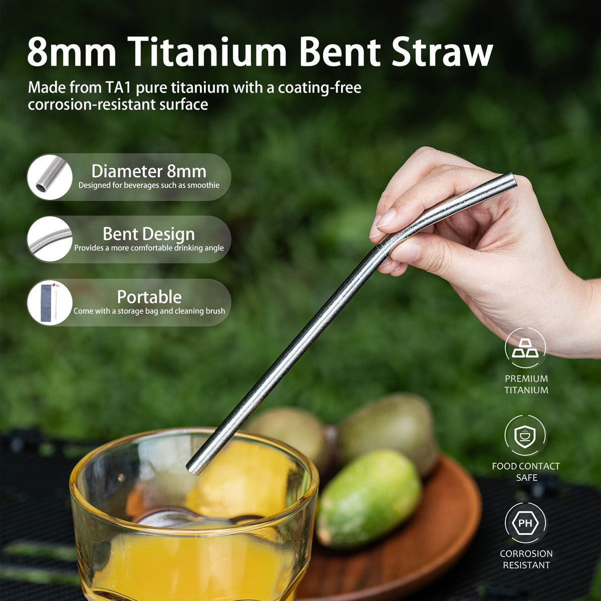 Boundless Voyage 213mm Titanium Bent Straw – TA1 Pure Titanium Reusable Drinking Straw with Cleaning Brush & Carry Bag