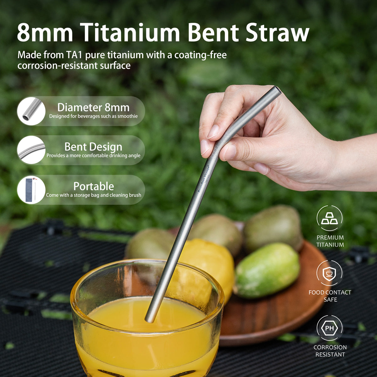Boundless Voyage 213mm Titanium Bent Straw – TA1 Pure Titanium Reusable Drinking Straw with Cleaning Brush & Carry Bag