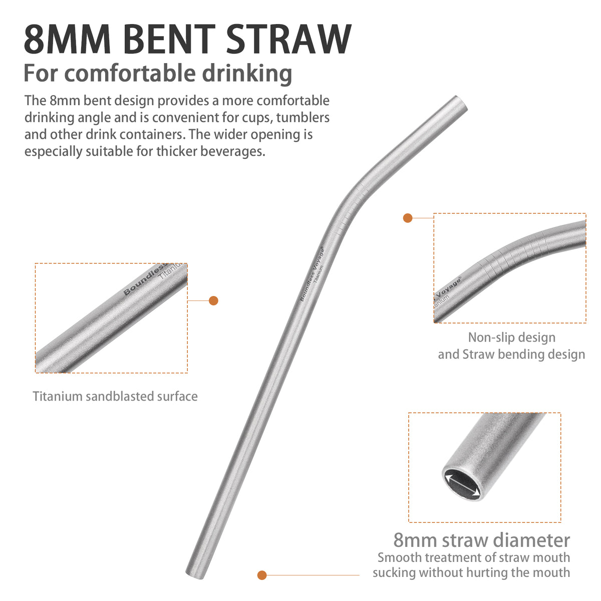 Boundless Voyage 213mm Titanium Bent Straw – TA1 Pure Titanium Reusable Drinking Straw with Cleaning Brush & Carry Bag