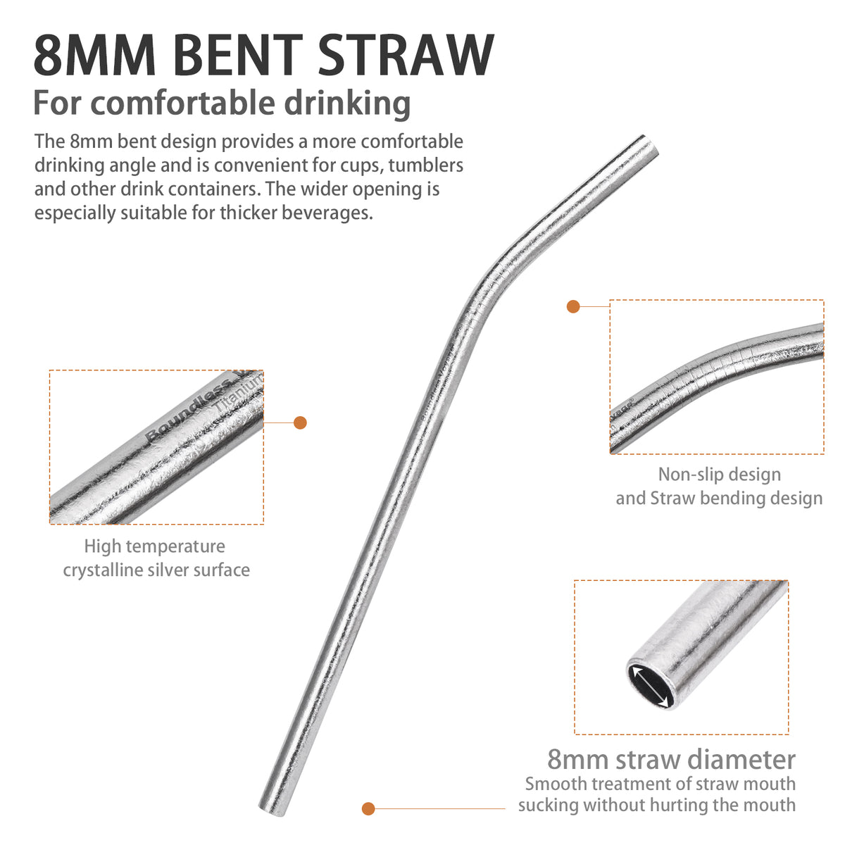 Boundless Voyage 213mm Titanium Bent Straw – TA1 Pure Titanium Reusable Drinking Straw with Cleaning Brush & Carry Bag
