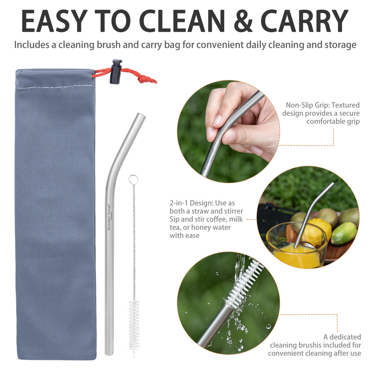 Boundless Voyage 213mm Titanium Bent Straw – TA1 Pure Titanium Reusable Drinking Straw with Cleaning Brush & Carry Bag
