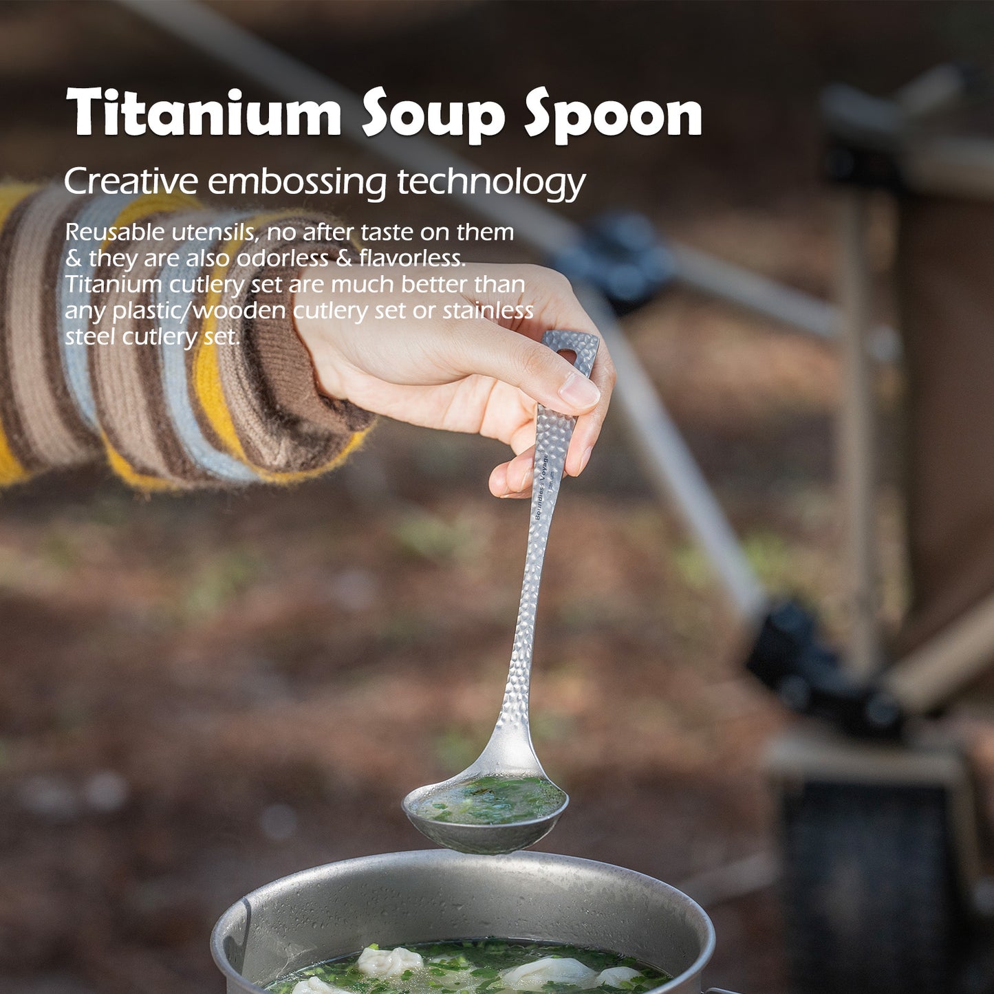 Boundless Voyage Titanium Soup Spoon – Ultralight Camping Spoon with Embossed Handle for Hiking & Outdoor Dining