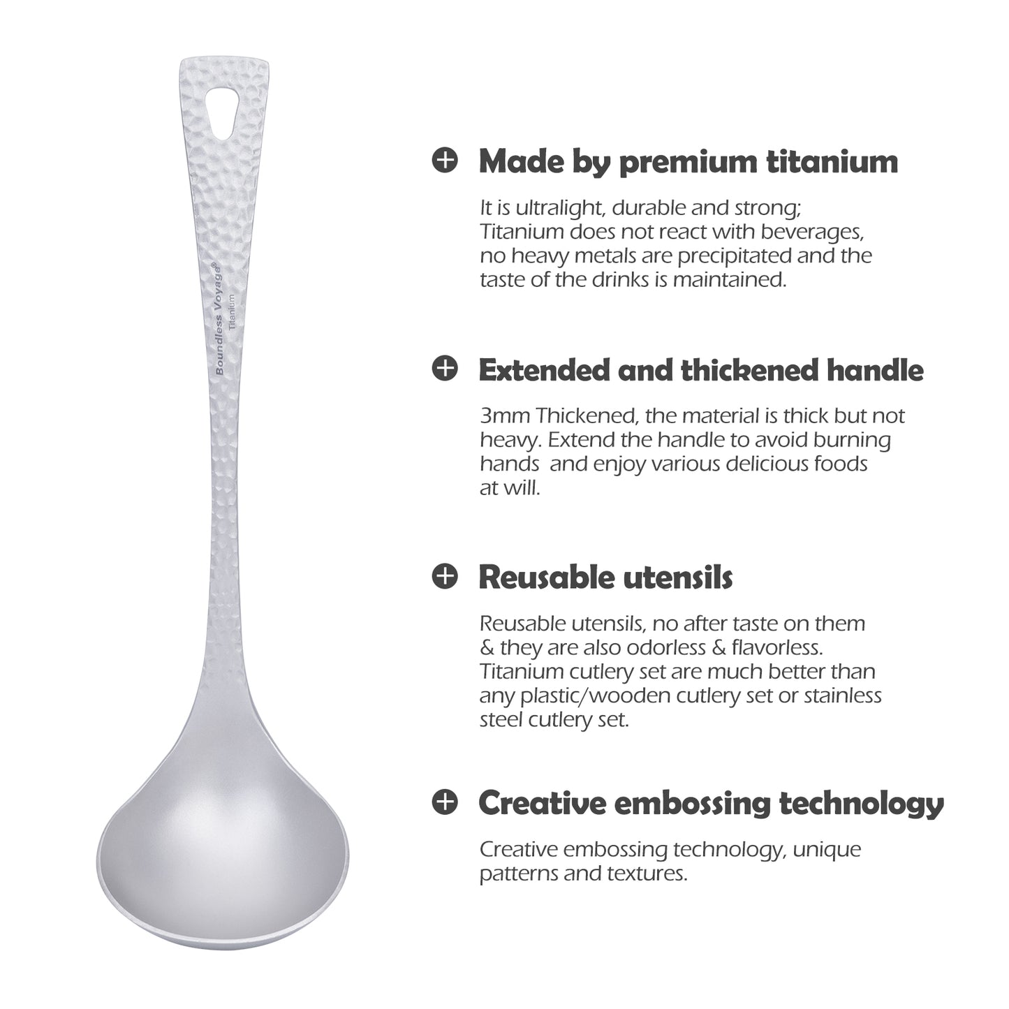 Boundless Voyage Titanium Soup Spoon – Ultralight Camping Spoon with Embossed Handle for Hiking & Outdoor Dining