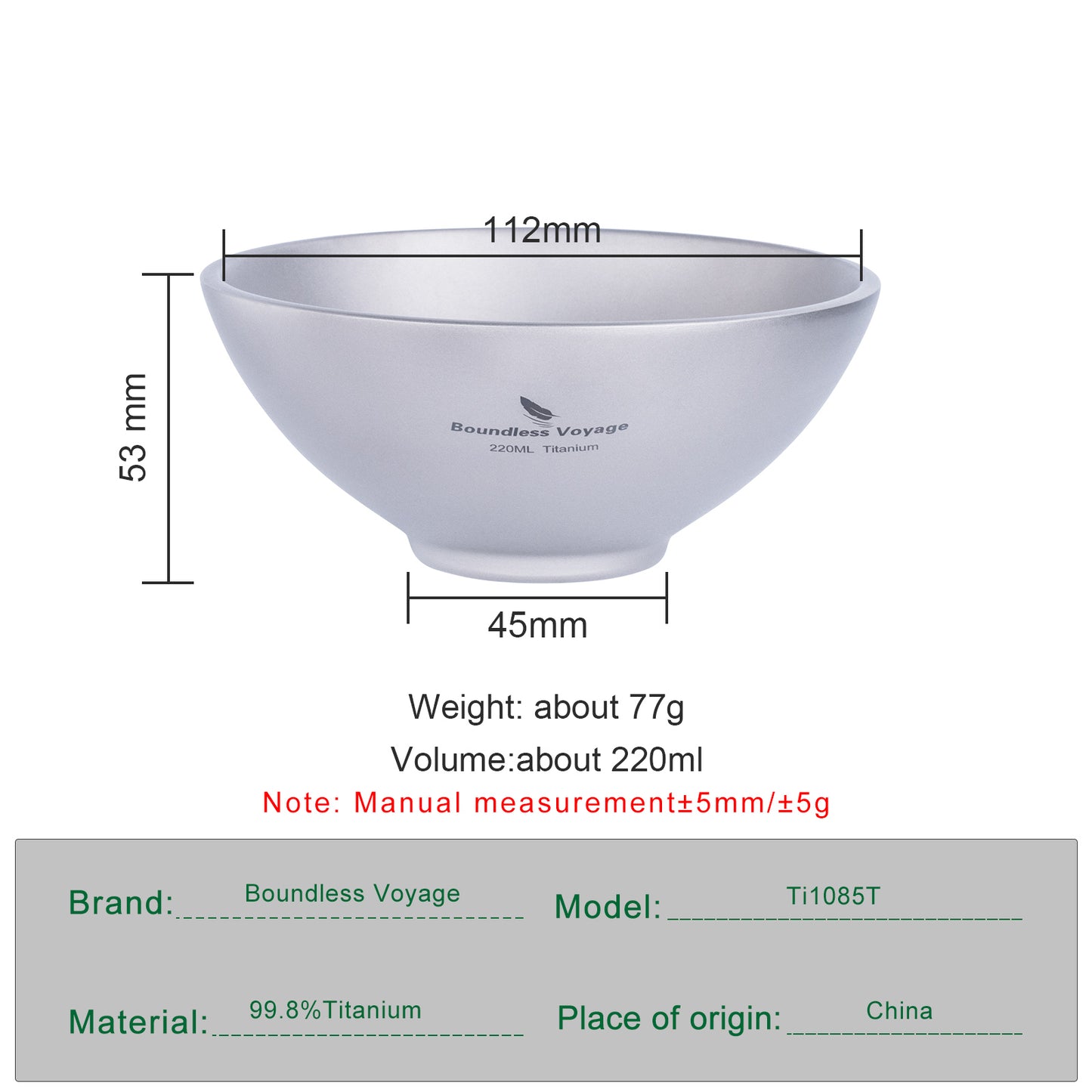 Boundless Voyage 220ml Titanium Double-Wall Bowl – Insulated Camping Soup & Snack Bowl for Adults, Kids & Outdoor Dining