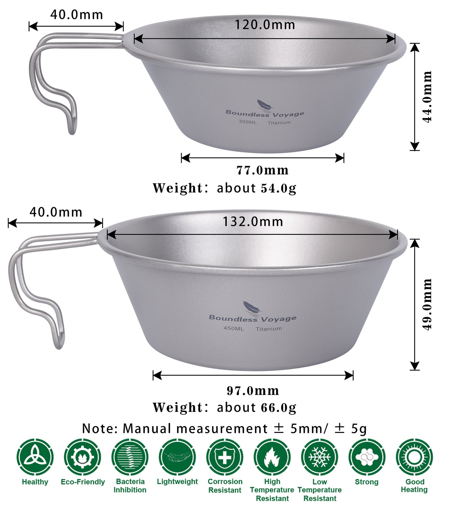 Boundless Voyage Titanium Sierra Cup Set – 300ml & 450ml Ultralight Camping Mug Bowls with Handle for Cooking & Outdoor Use