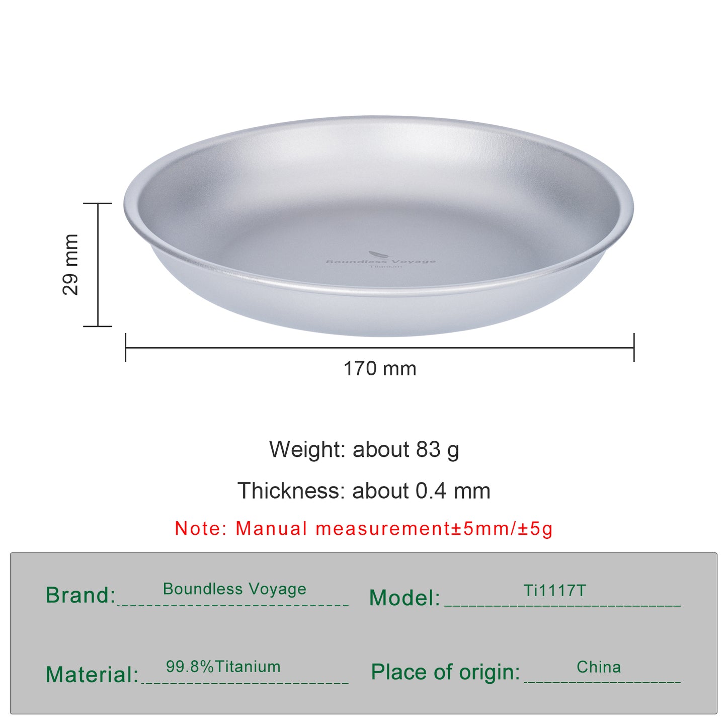 Boundless Voyage Titanium Camping Plate 170mm – Ultralight Round Dinner Plate with Mesh Bag for Hiking, Backpacking & Outdoor Dining