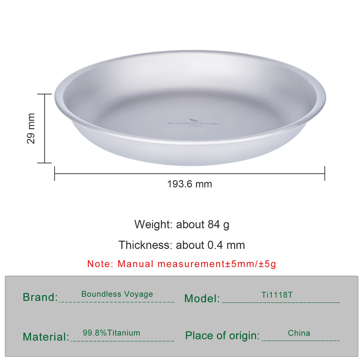 Boundless Voyage Titanium Camping Plate 7.6" – Ultralight Round Dinner Plate with Mesh Bag for Hiking, Backpacking & Outdoor Dining