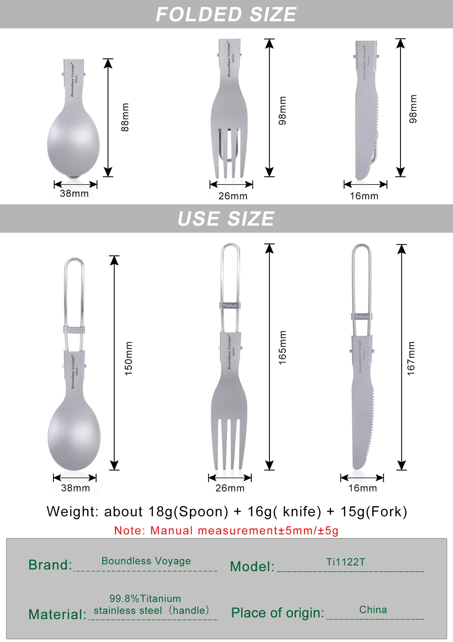 Boundless Voyage Titanium Cutlery Set spoon+fork+knife With Folding Handle For Outdoor Camping Home Lightweight