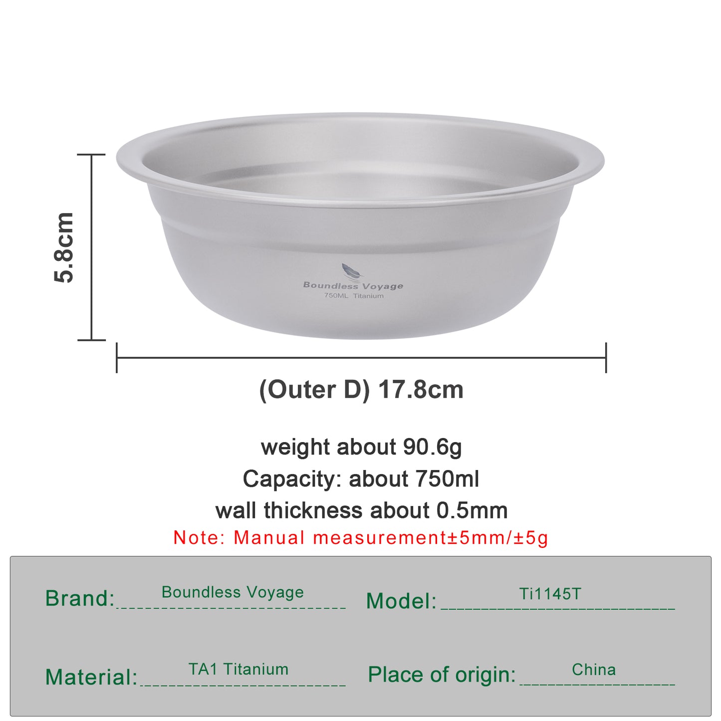 Boundless Voyage Titanium Bowl 750ML Rice Soup Salad Serving Bowl Ultralight Outdoor Camping Travel Durable Portable Tableware