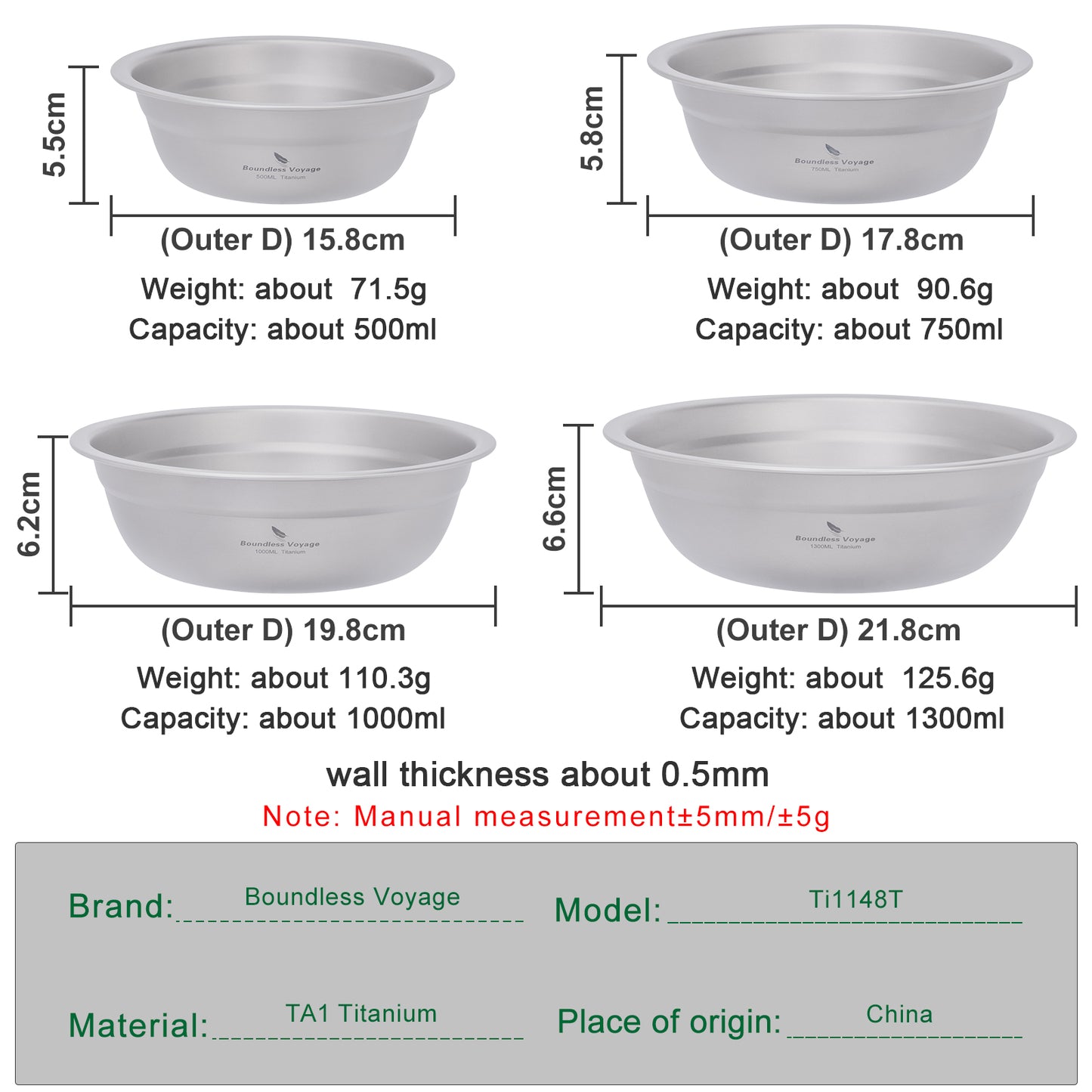 Boundless Voyage Titanium Bowl Rice Soup Salad Serving Bowl Ultralight Outdoor Camping Travel Durable Portable Tableware Set  500ML/750ML/1000ML