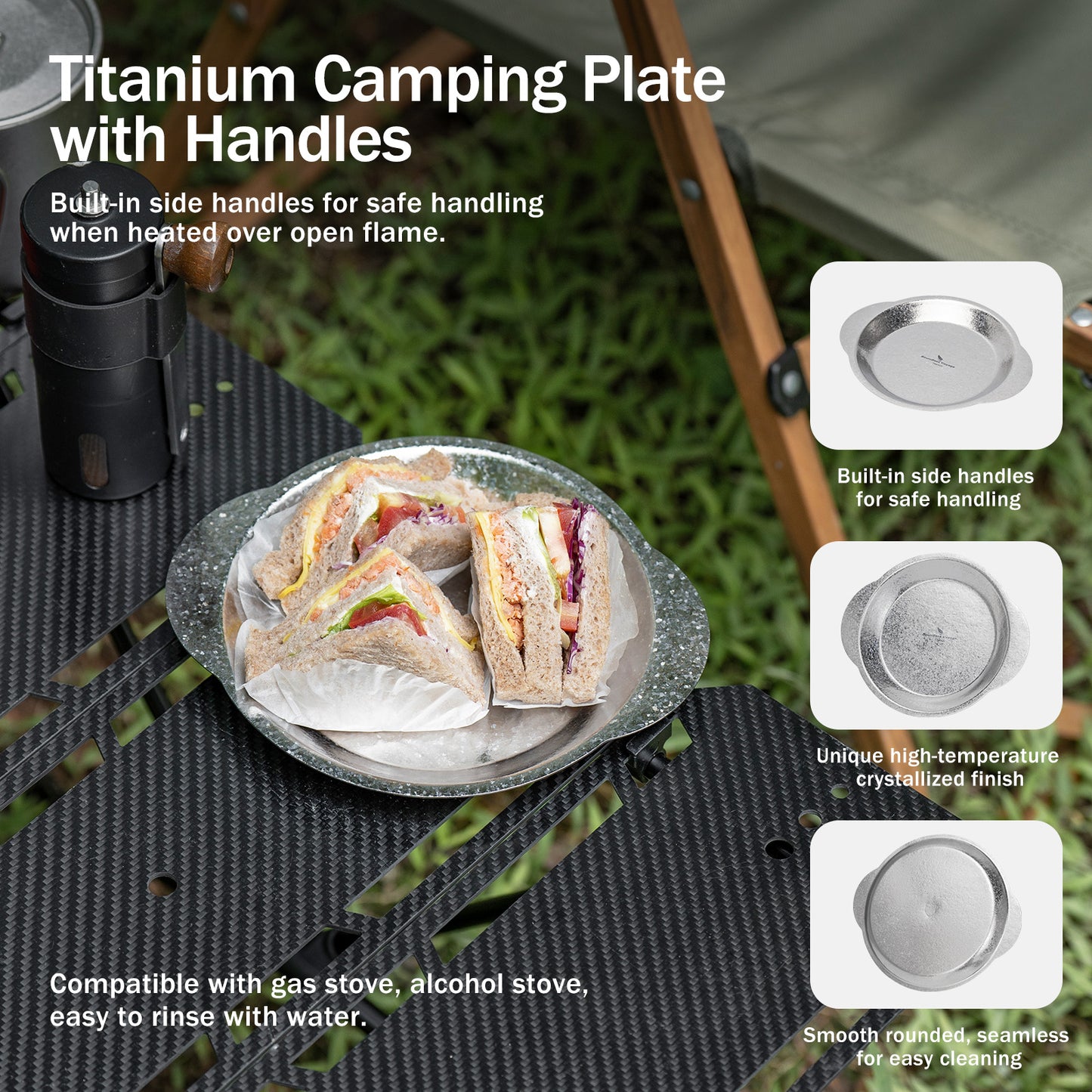 Boundless Voyage 19.4cm Titanium Camping Plate with Handles – Ultralight Stackable Dinner Plate for Outdoor, Picnic & Travel