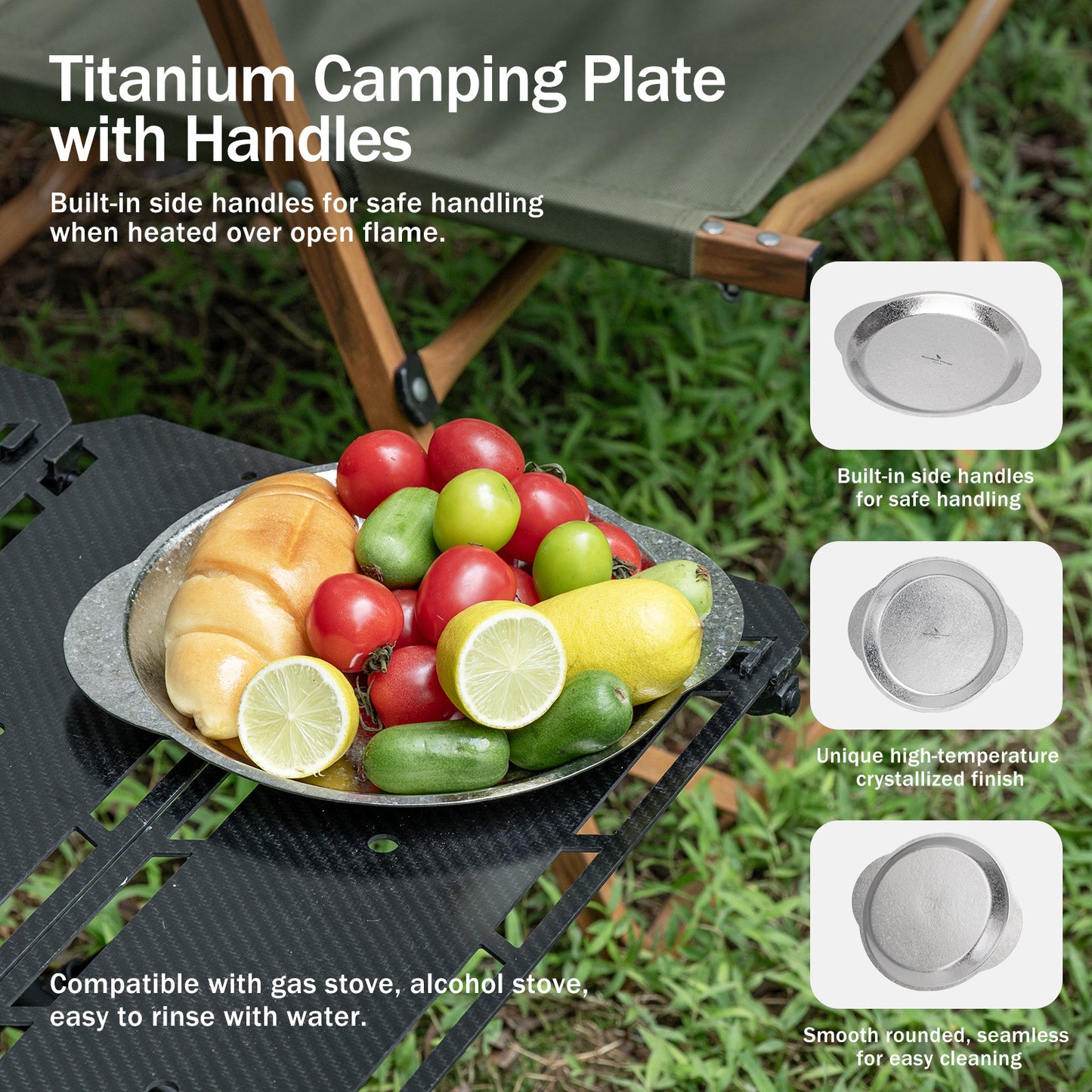Boundless Voyage 23.2cm Titanium Camping Plate with Handles – Ultralight Stackable Dinner Plate for Outdoor, Picnic & Travel