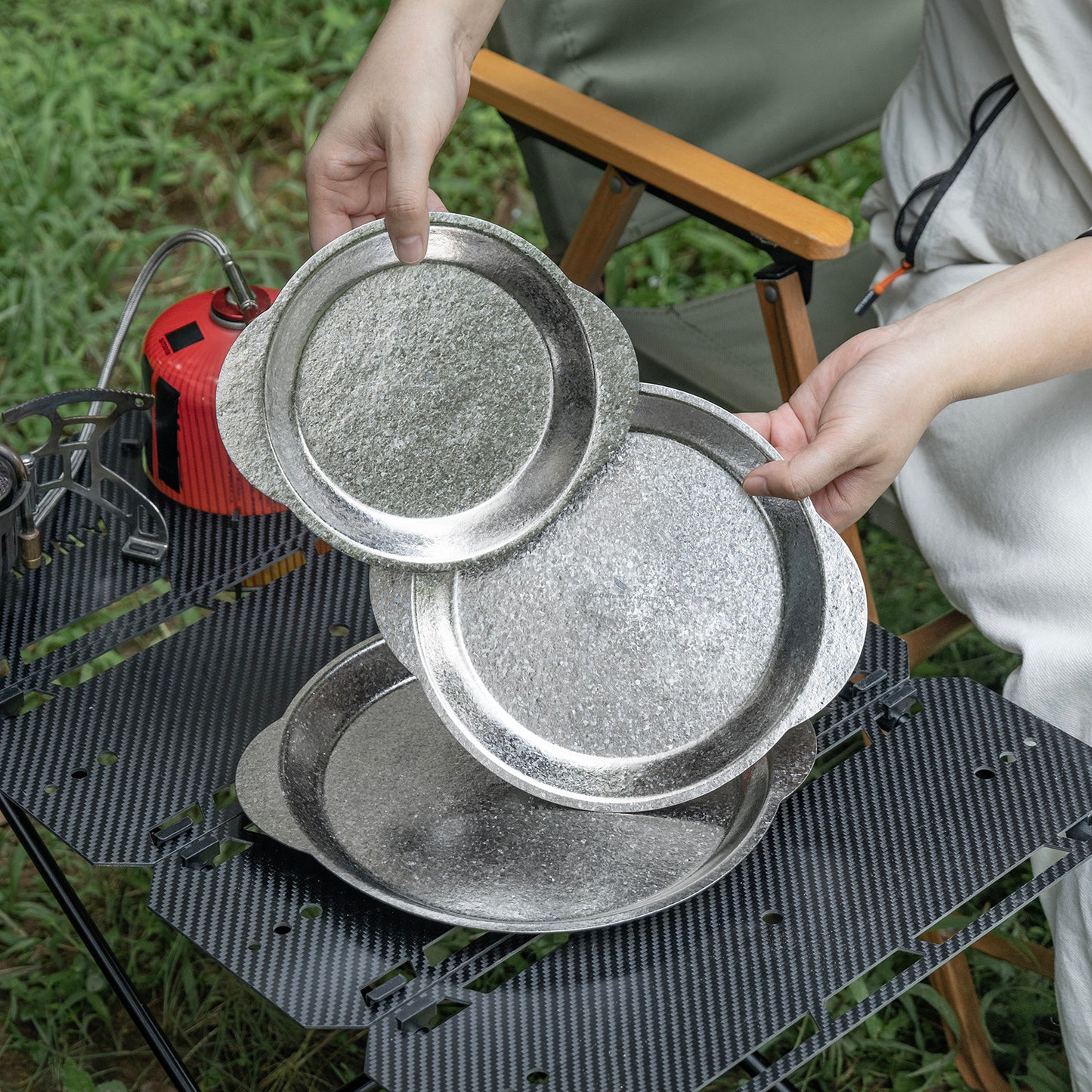 Boundless Voyage 3-Piece Titanium Camping Plate Set with Handles – Stackable TA1 Dinner & Serving Plates for Outdoor, Picnic & Travel