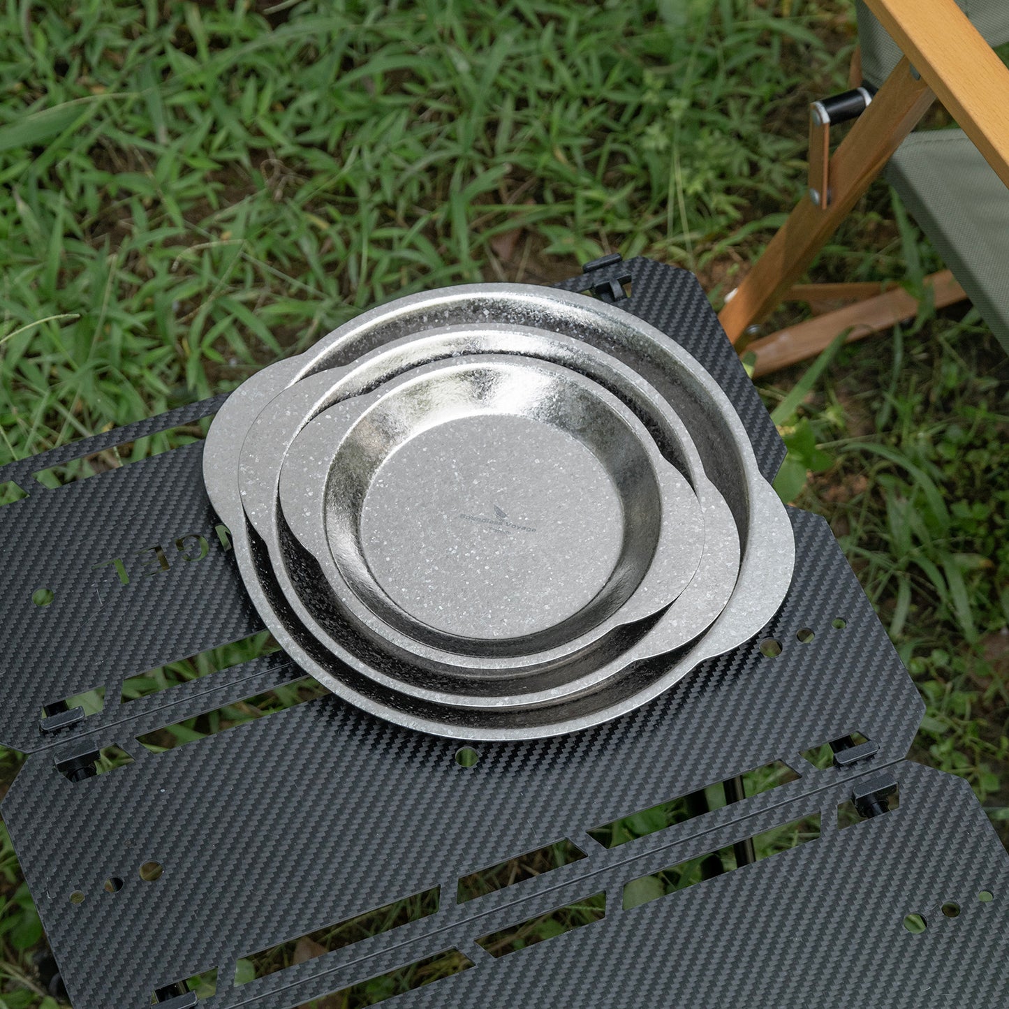 Boundless Voyage 3-Piece Titanium Camping Plate Set with Handles – Stackable TA1 Dinner & Serving Plates for Outdoor, Picnic & Travel