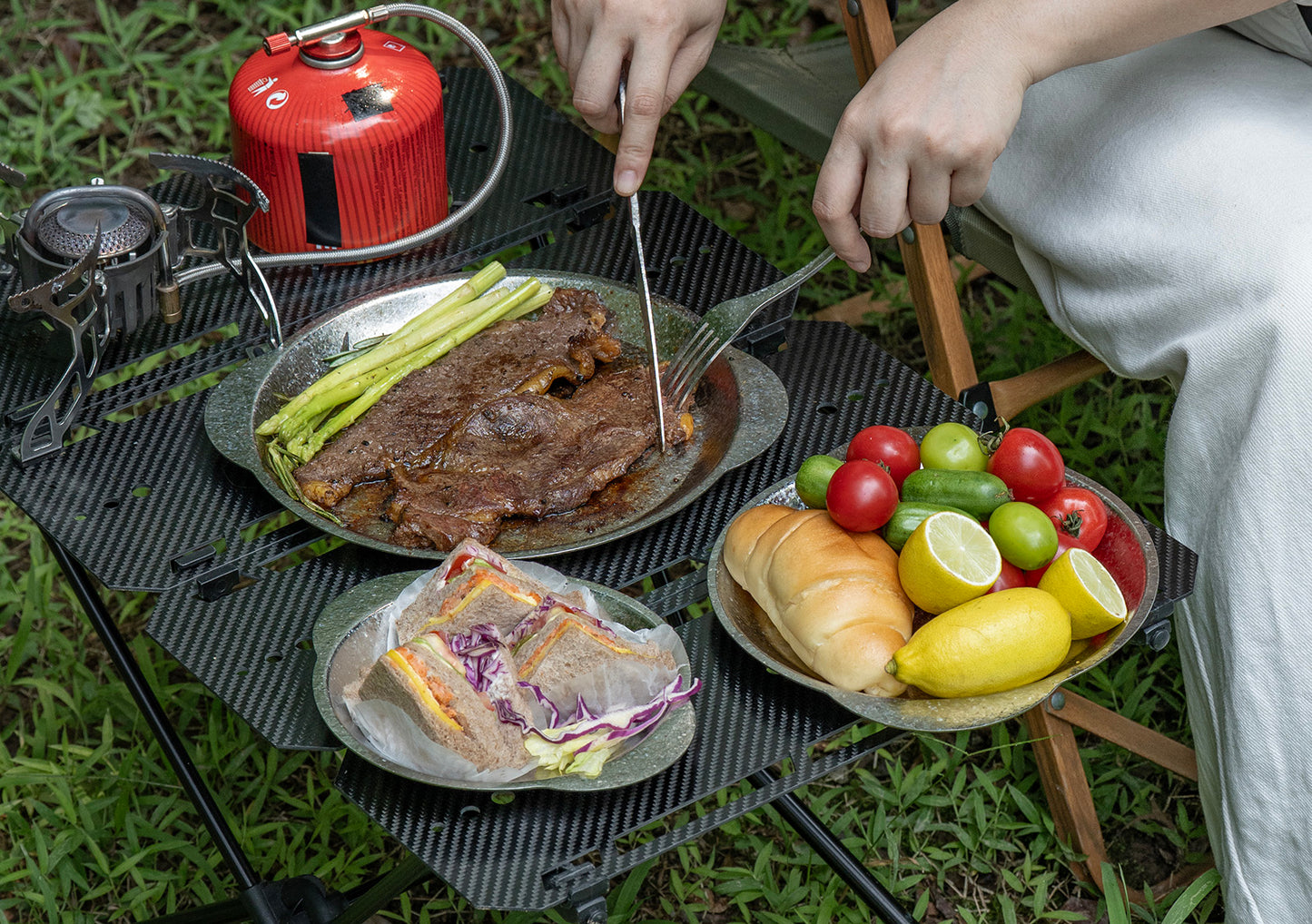 Boundless Voyage 3-Piece Titanium Camping Plate Set with Handles – Stackable TA1 Dinner & Serving Plates for Outdoor, Picnic & Travel