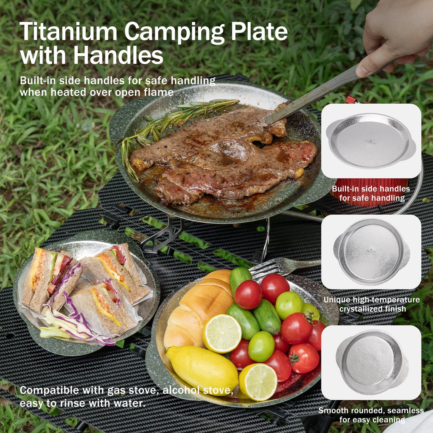 Boundless Voyage 3-Piece Titanium Camping Plate Set with Handles – Stackable TA1 Dinner & Serving Plates for Outdoor, Picnic & Travel