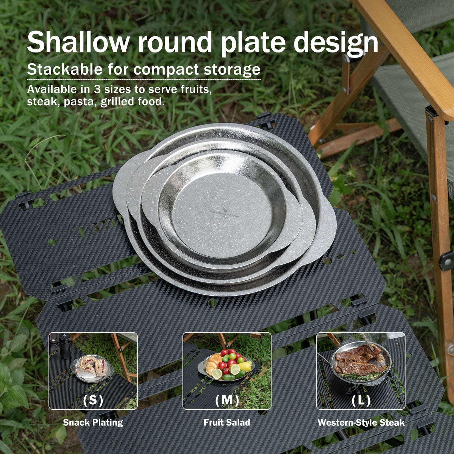 Boundless Voyage 3-Piece Titanium Camping Plate Set with Handles – Stackable TA1 Dinner & Serving Plates for Outdoor, Picnic & Travel