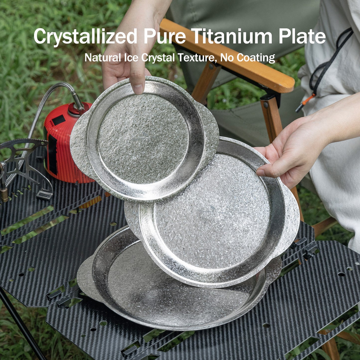 Boundless Voyage 3-Piece Titanium Camping Plate Set with Handles – Stackable TA1 Dinner & Serving Plates for Outdoor, Picnic & Travel