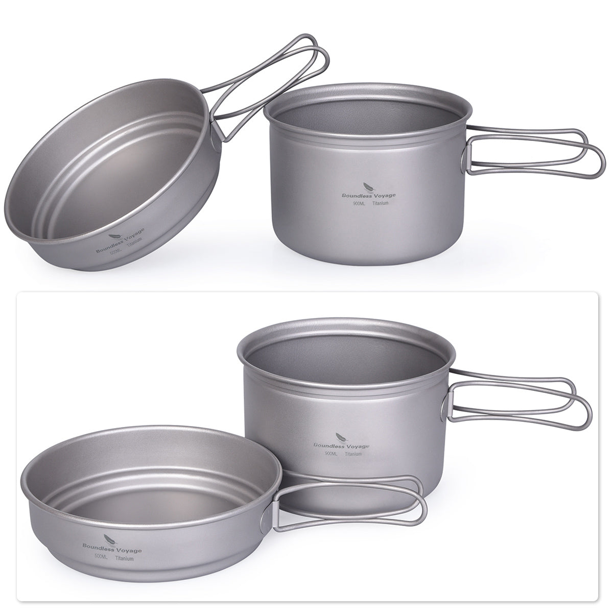 Boundless Voyage Outdoor Titanium Pot Pan Set 500ml+900ml with Lid Folding Handle Camping Hiking Picnic Ultralight Tableware