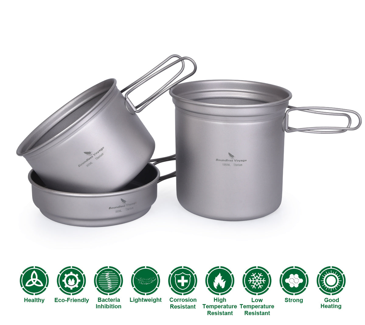 Boundless Voyage Outdoor Titanium Pot Pan Set with Folding Handle Camping Soup Bowl Mug Dish Mess Kit