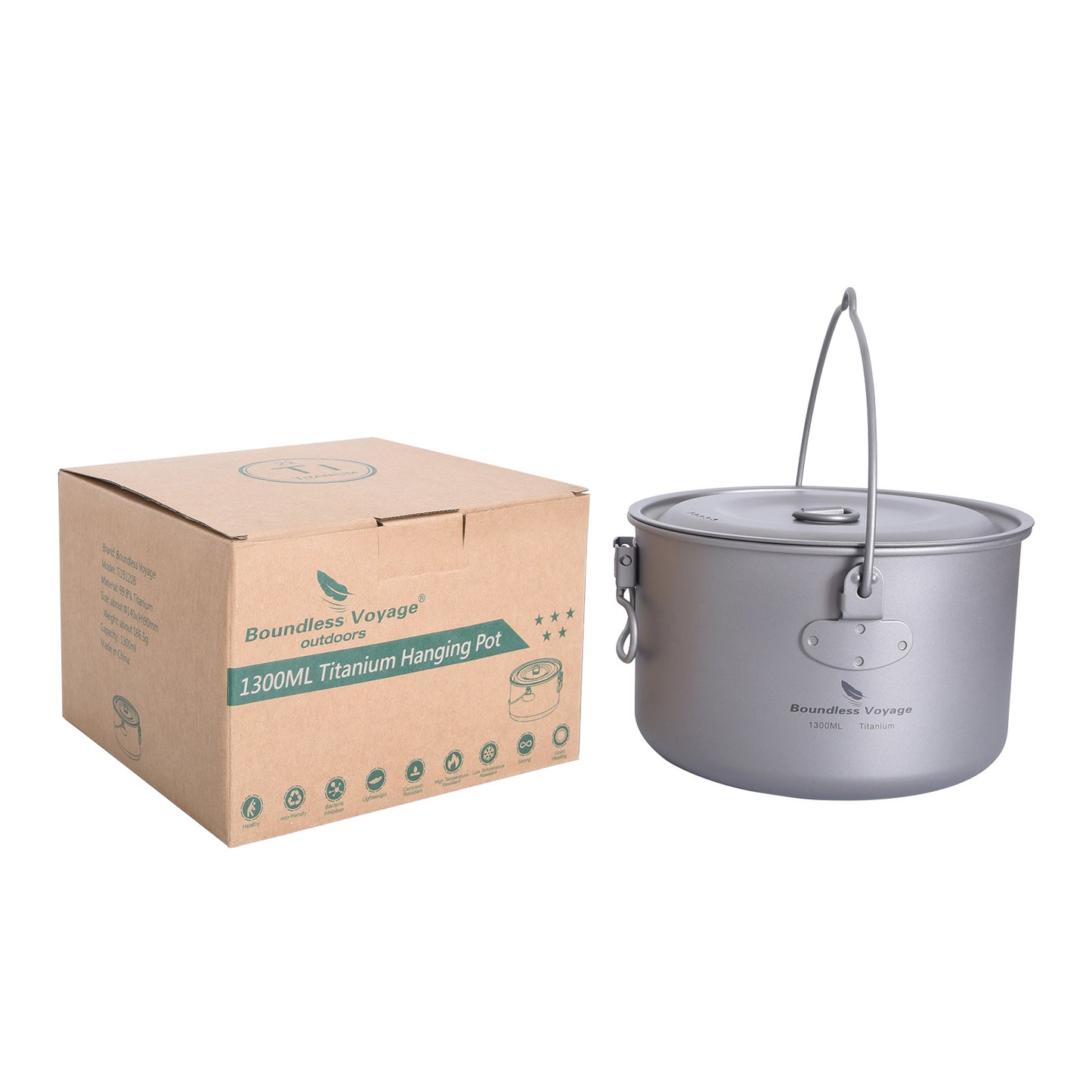 Boundless Voyage 1300ml TA1 Titanium Camping Pot with Lid – Ultralight Folding-Handle Cookware for Hiking, Picnic & Outdoor Soup Cooking