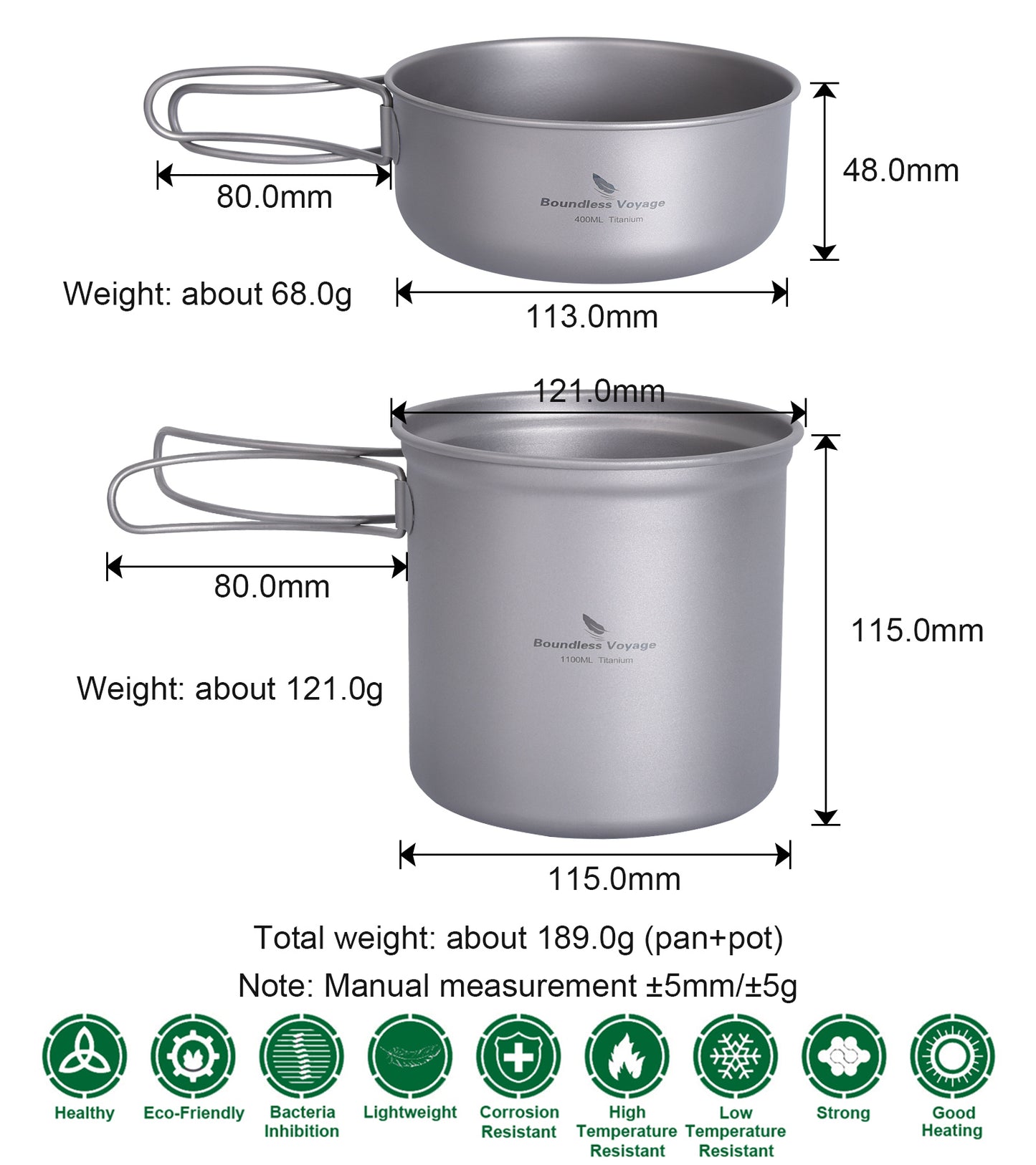 Boundless Voyage Titanium Pot Pan Set 400ml+500ml+1100ml+1500ml– Ultralight Camping Cookware (1100ml / 1500ml), Nesting TA1 Titanium Mug Plate Set for Backpacking & Hiking
