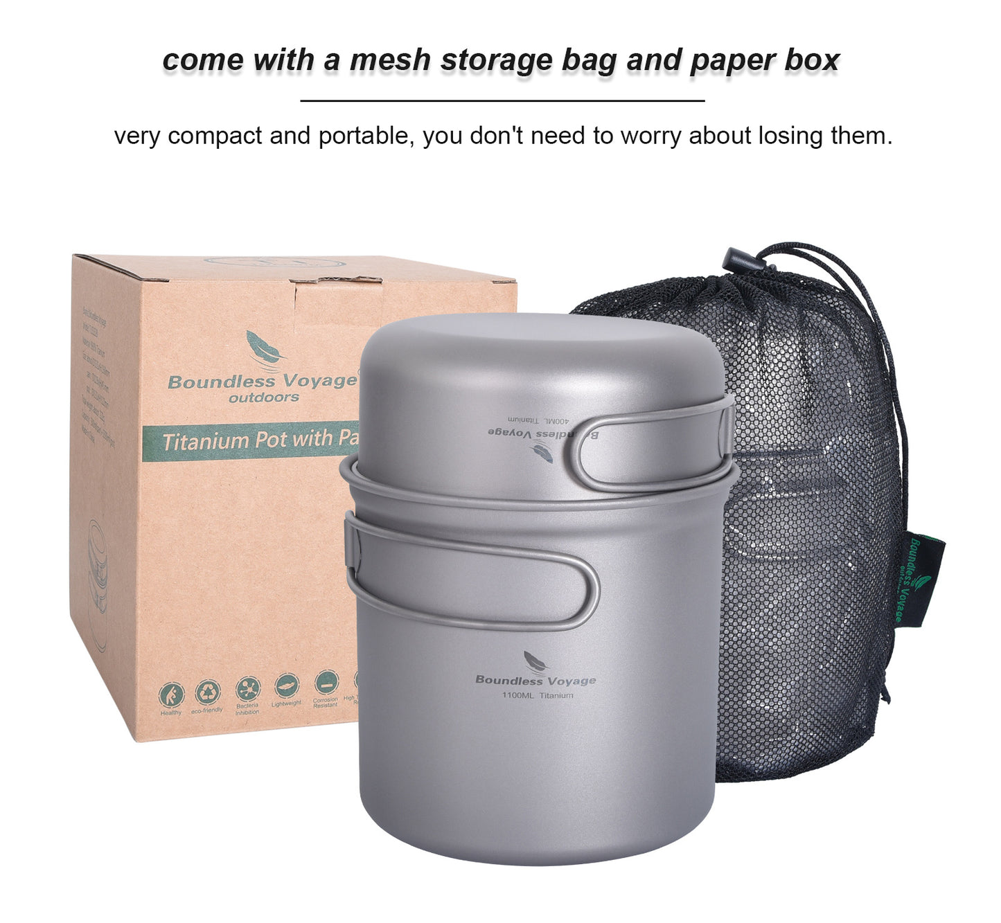 Boundless Voyage Titanium Pot & Pan Mess Kit – Ultralight 1100ml+400ml Camping Cookware Set with Folding Handles, Nesting TA1 Titanium Mug Plate Set for Backpacking & Hiking