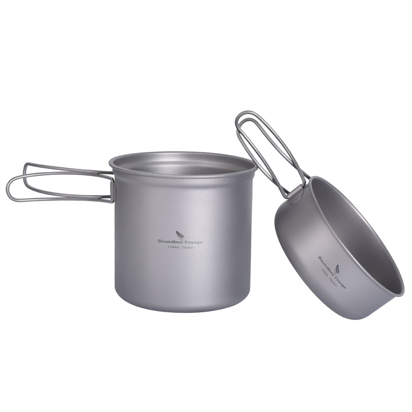 Boundless Voyage Titanium Pot & Pan Mess Kit – Ultralight 1100ml+400ml Camping Cookware Set with Folding Handles, Nesting TA1 Titanium Mug Plate Set for Backpacking & Hiking