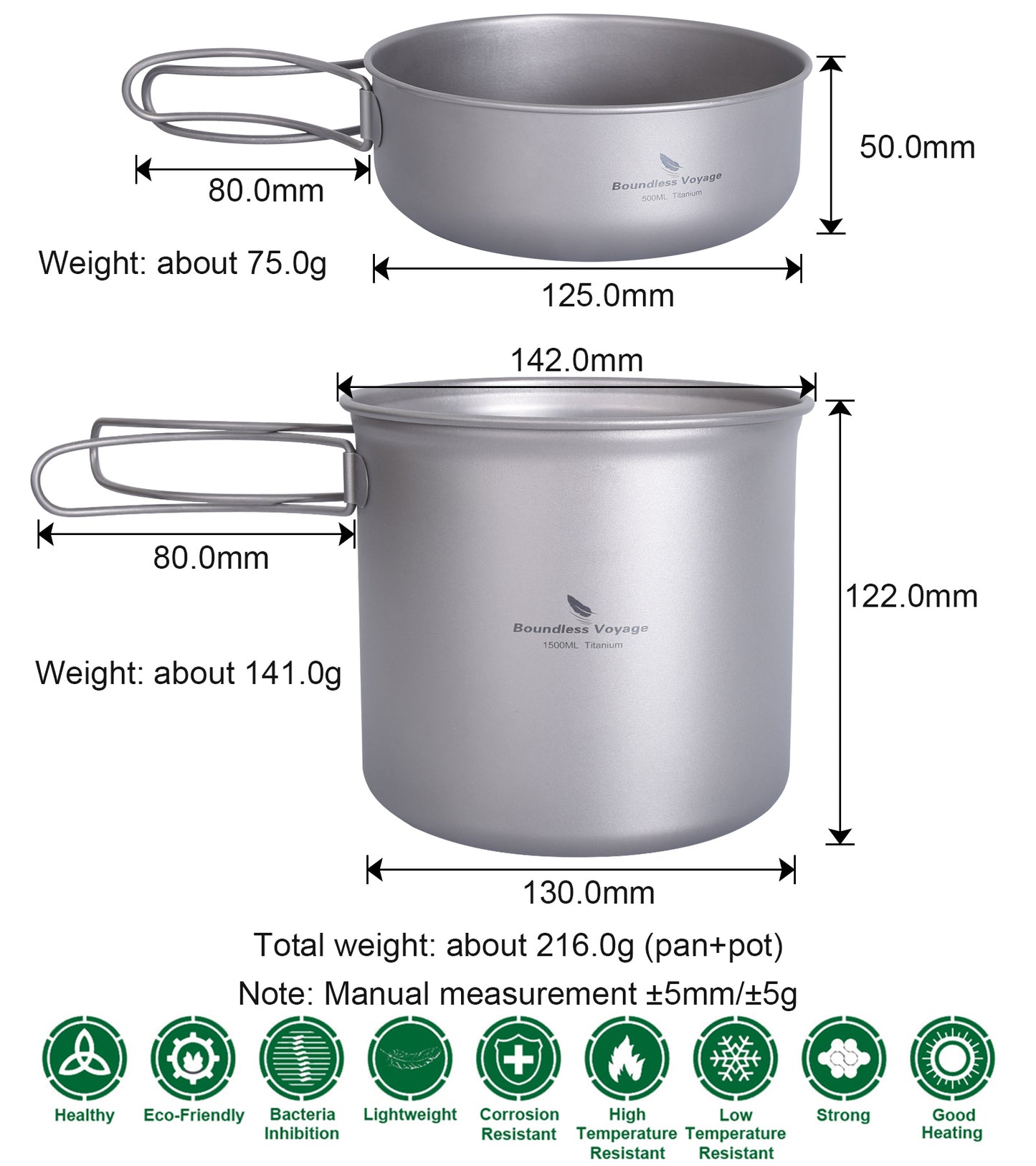Boundless Voyage Titanium Mess Kit Pot & Pan Set 1500ml+500ml Ultralight Camping Cookware with Folding Handles, Nesting TA1 Titanium Mug Plate Set for Backpacking & Hiking