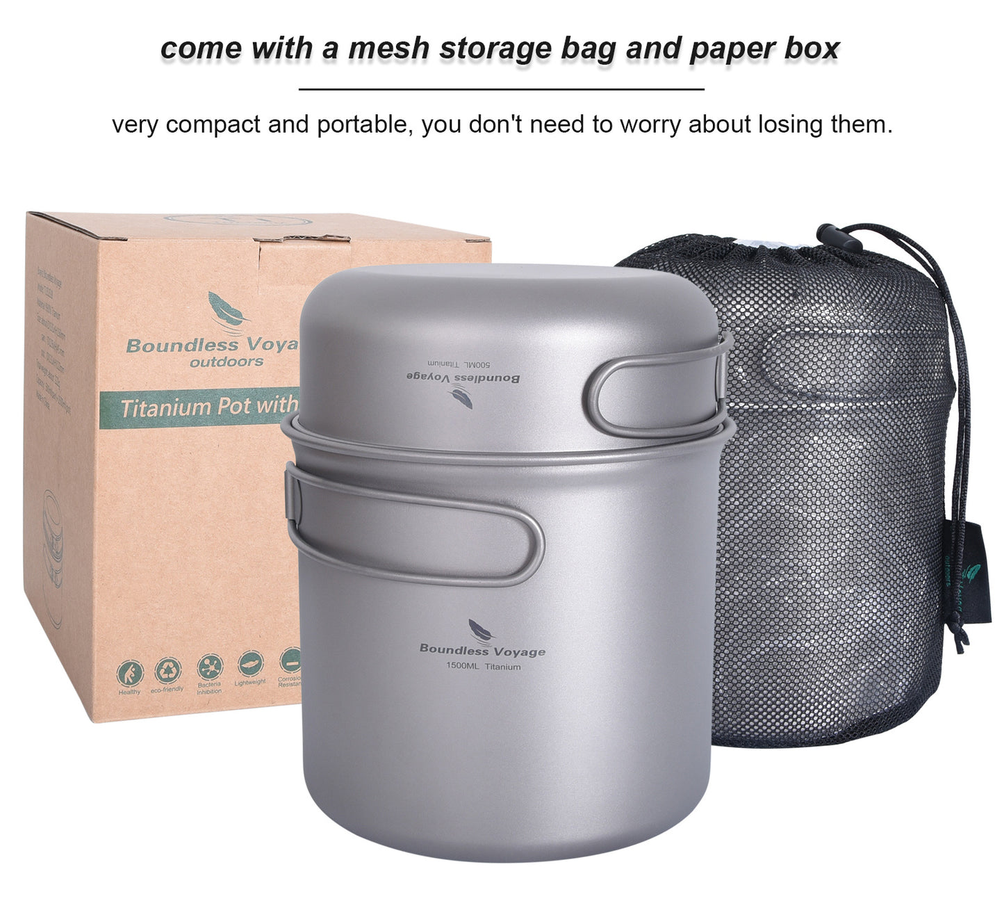 Boundless Voyage Titanium Mess Kit Pot & Pan Set 1500ml+500ml Ultralight Camping Cookware with Folding Handles, Nesting TA1 Titanium Mug Plate Set for Backpacking & Hiking