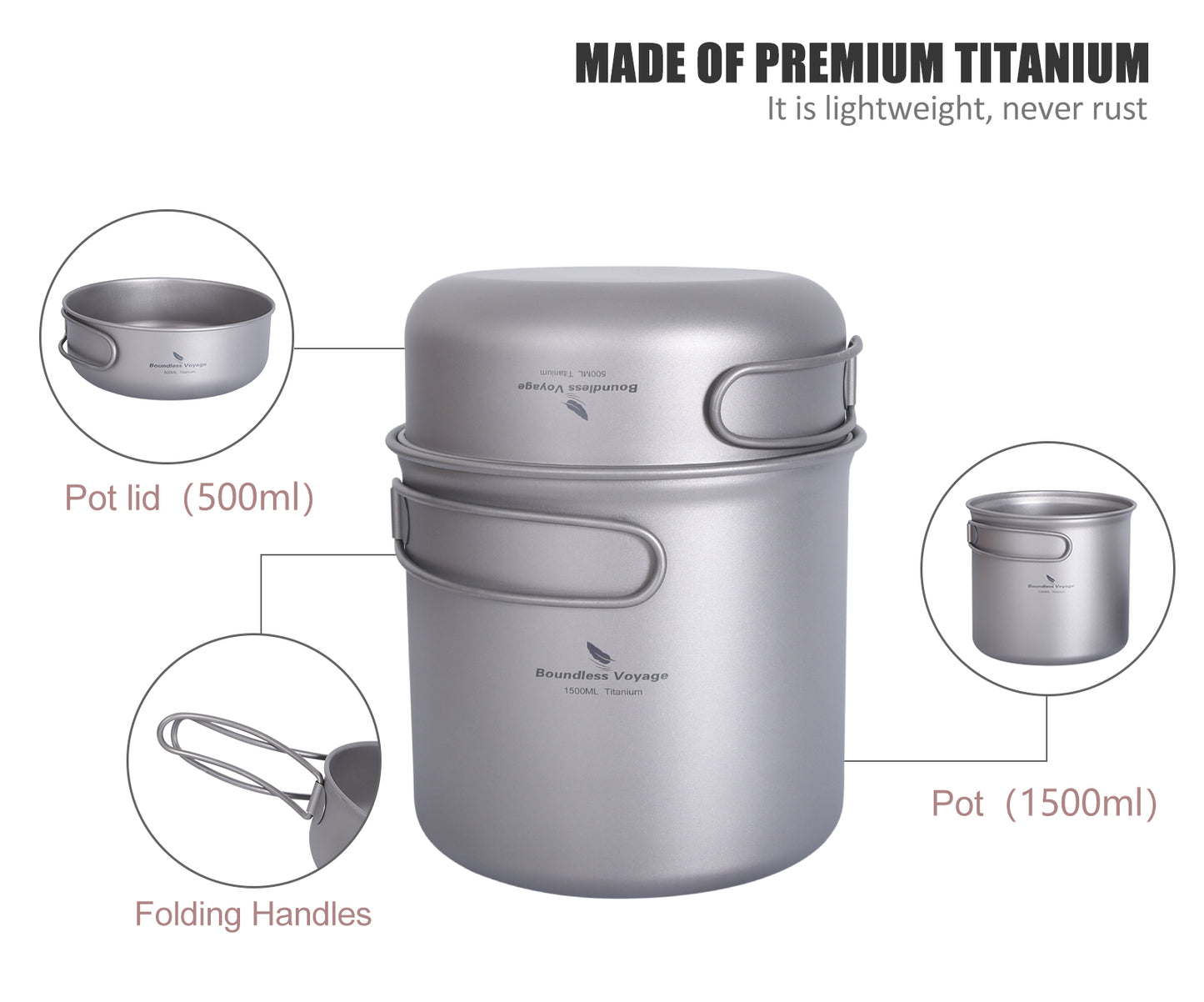 Boundless Voyage Titanium Mess Kit Pot & Pan Set 1500ml+500ml Ultralight Camping Cookware with Folding Handles, Nesting TA1 Titanium Mug Plate Set for Backpacking & Hiking