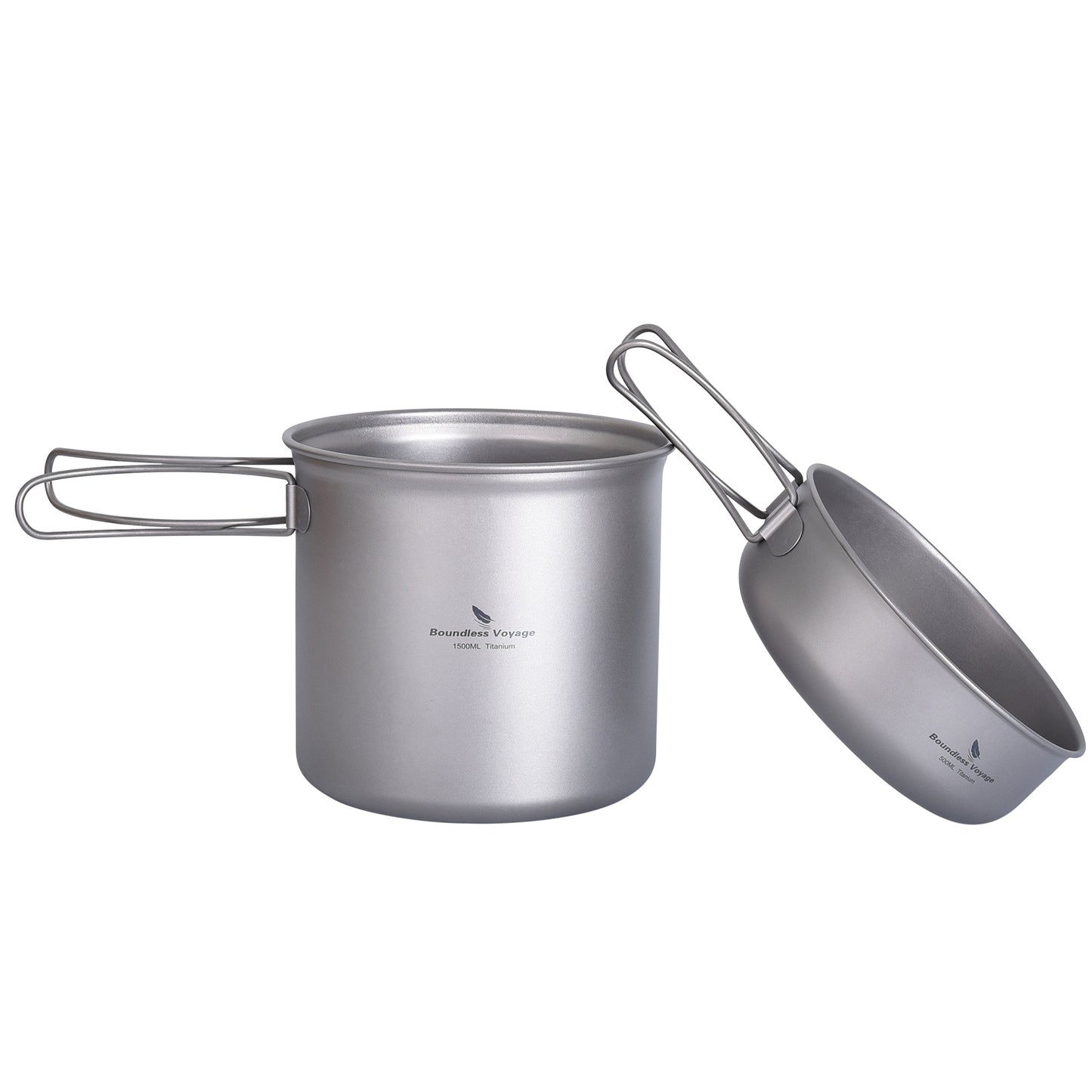 Boundless Voyage Titanium Mess Kit Pot & Pan Set 1500ml+500ml Ultralight Camping Cookware with Folding Handles, Nesting TA1 Titanium Mug Plate Set for Backpacking & Hiking