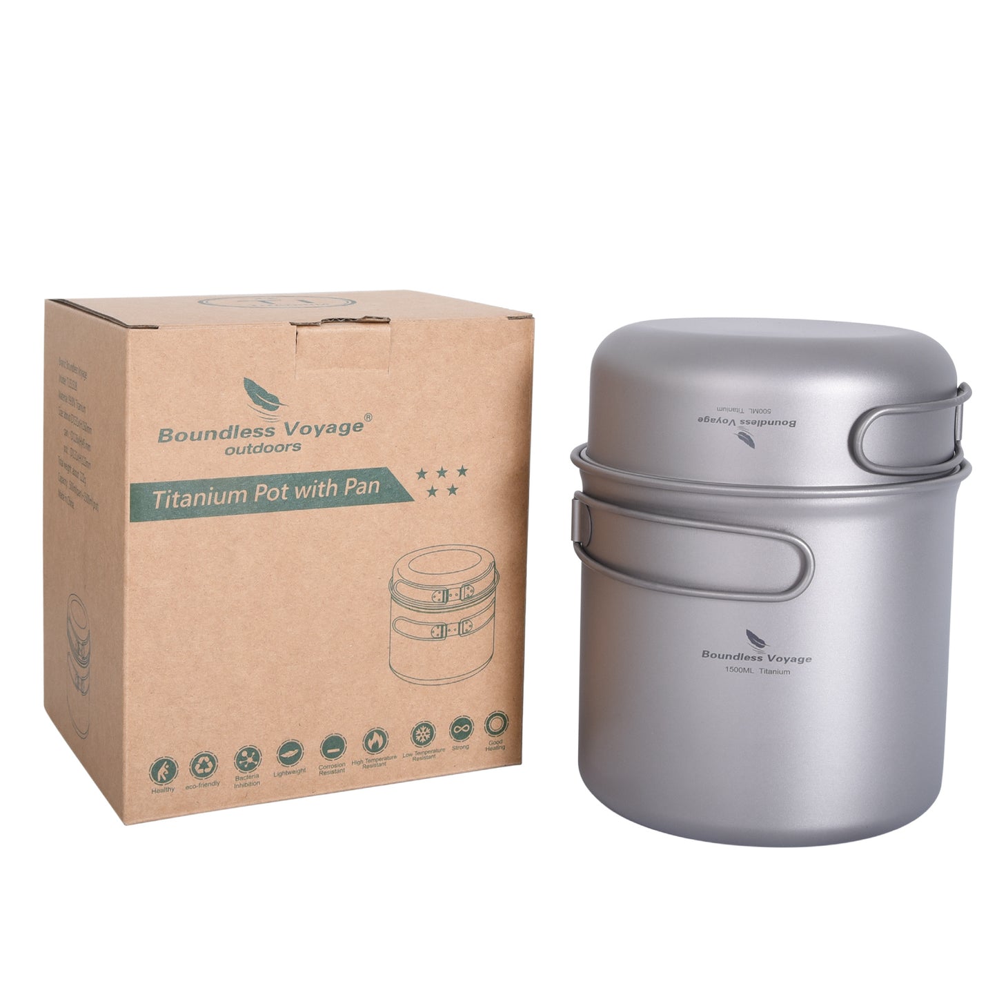Boundless Voyage Titanium Mess Kit Pot & Pan Set 1500ml+500ml Ultralight Camping Cookware with Folding Handles, Nesting TA1 Titanium Mug Plate Set for Backpacking & Hiking