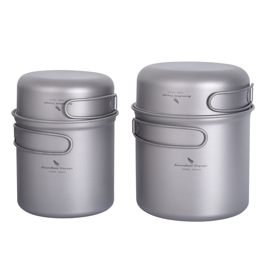 Boundless Voyage Titanium Pot Pan Set 400ml+500ml+1100ml+1500ml– Ultralight Camping Cookware (1100ml / 1500ml), Nesting TA1 Titanium Mug Plate Set for Backpacking & Hiking